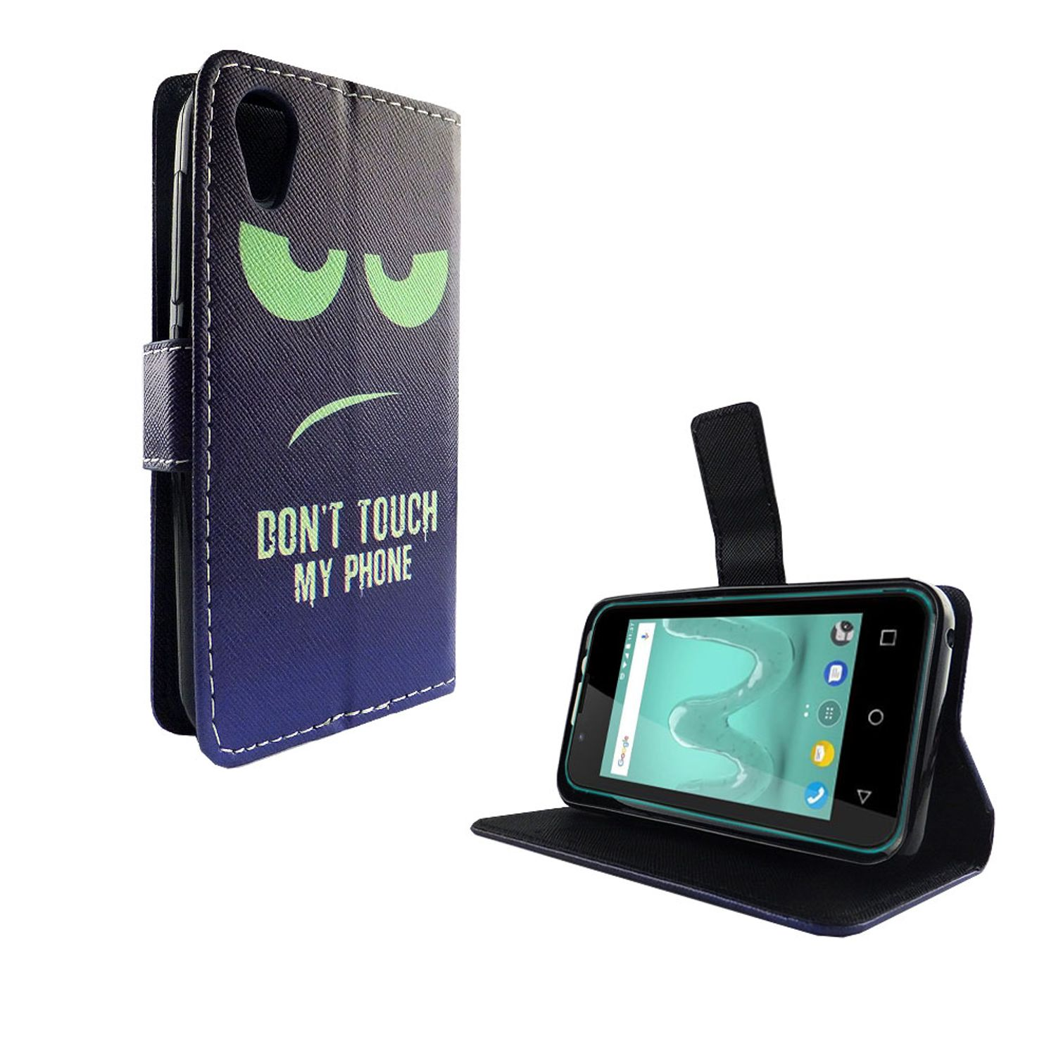 Dunkelblaue Handyhülle, grüne Augen, Gesicht und Text 'Don't touch my phone'.
