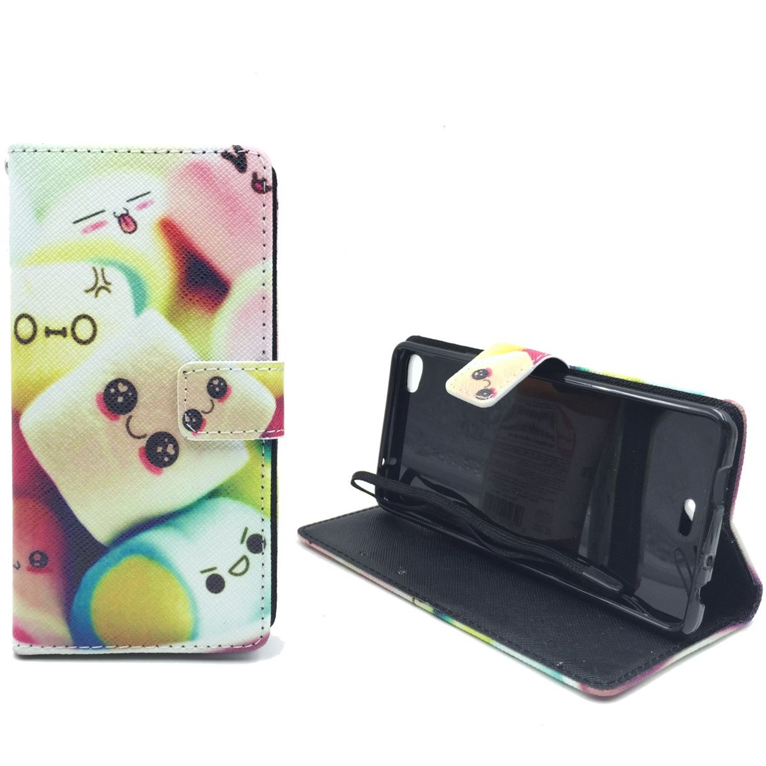 Handyhülle mit Cartoon-Marshmallows und Telefon drin, offen. Hülle mit Cartoon.