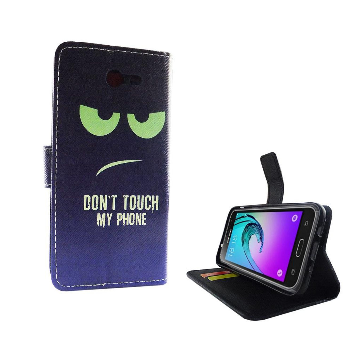 Schwarze Handyhülle mit grünem wütenden Gesicht und Text 'DON'T TOUCH MY PHONE'.