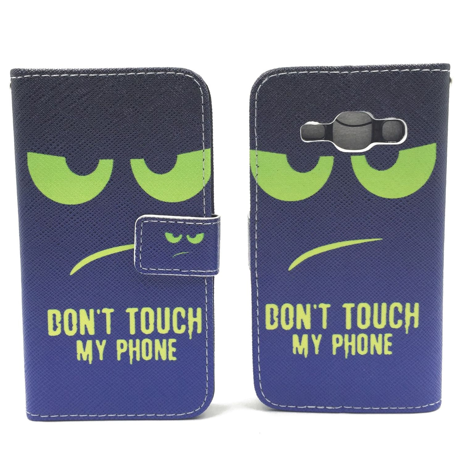 Eine dunkelblaue Handyhülle mit dem Text 'DON'T TOUCH MY PHONE' und einem Gesicht mit grünen Augen.
