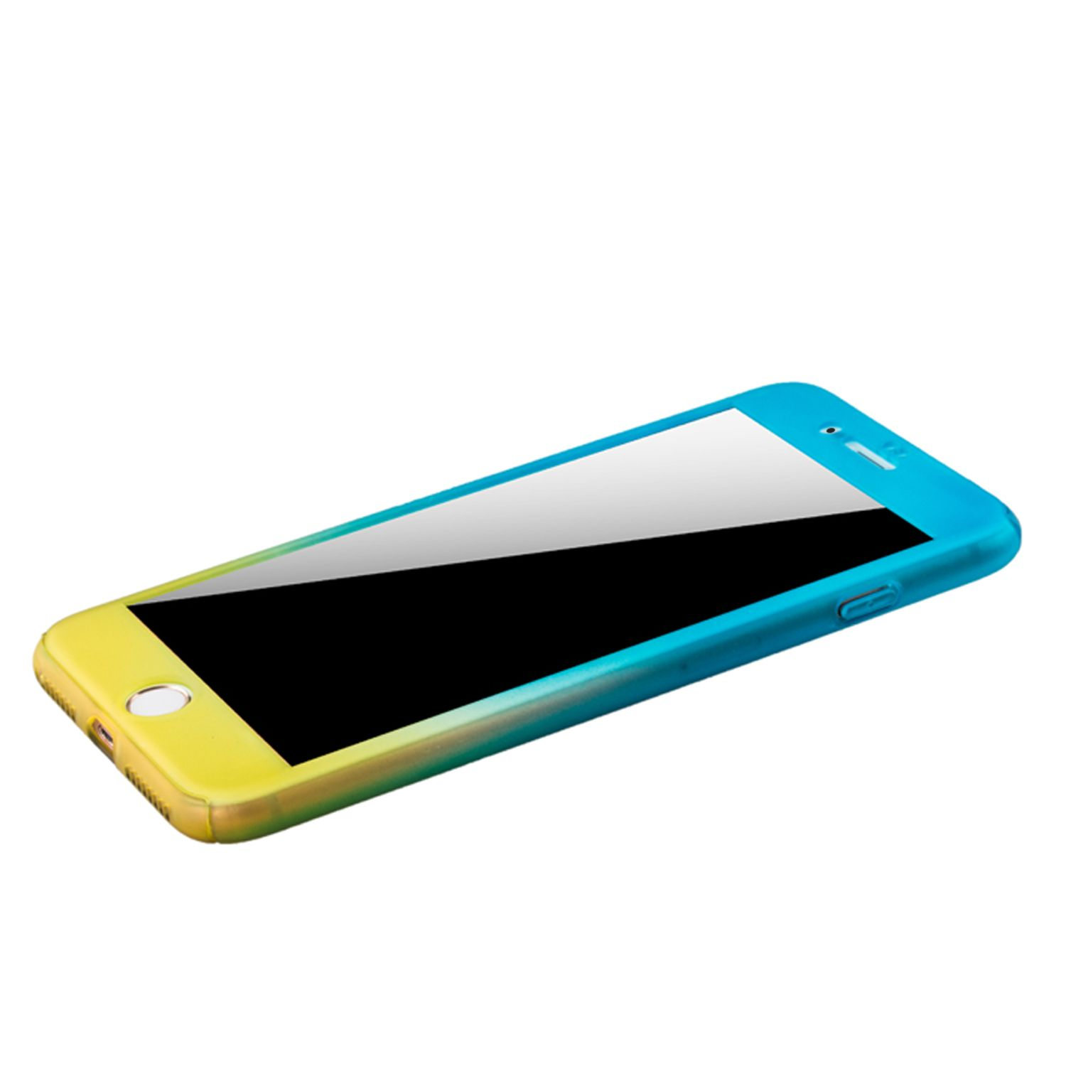 Smartphone mit gelb-blauem Farbverlauf, schräge Ansicht.
