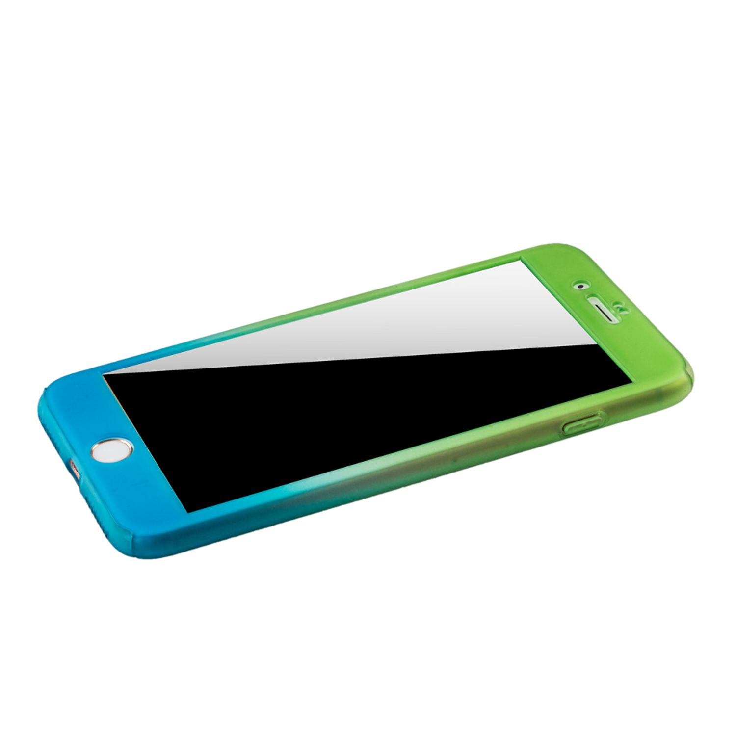 Smartphone in blau-grüner Farbverlaufshülle. Der Bildschirm ist schwarz, das Gehäuse hat eine glatte Oberfläche.