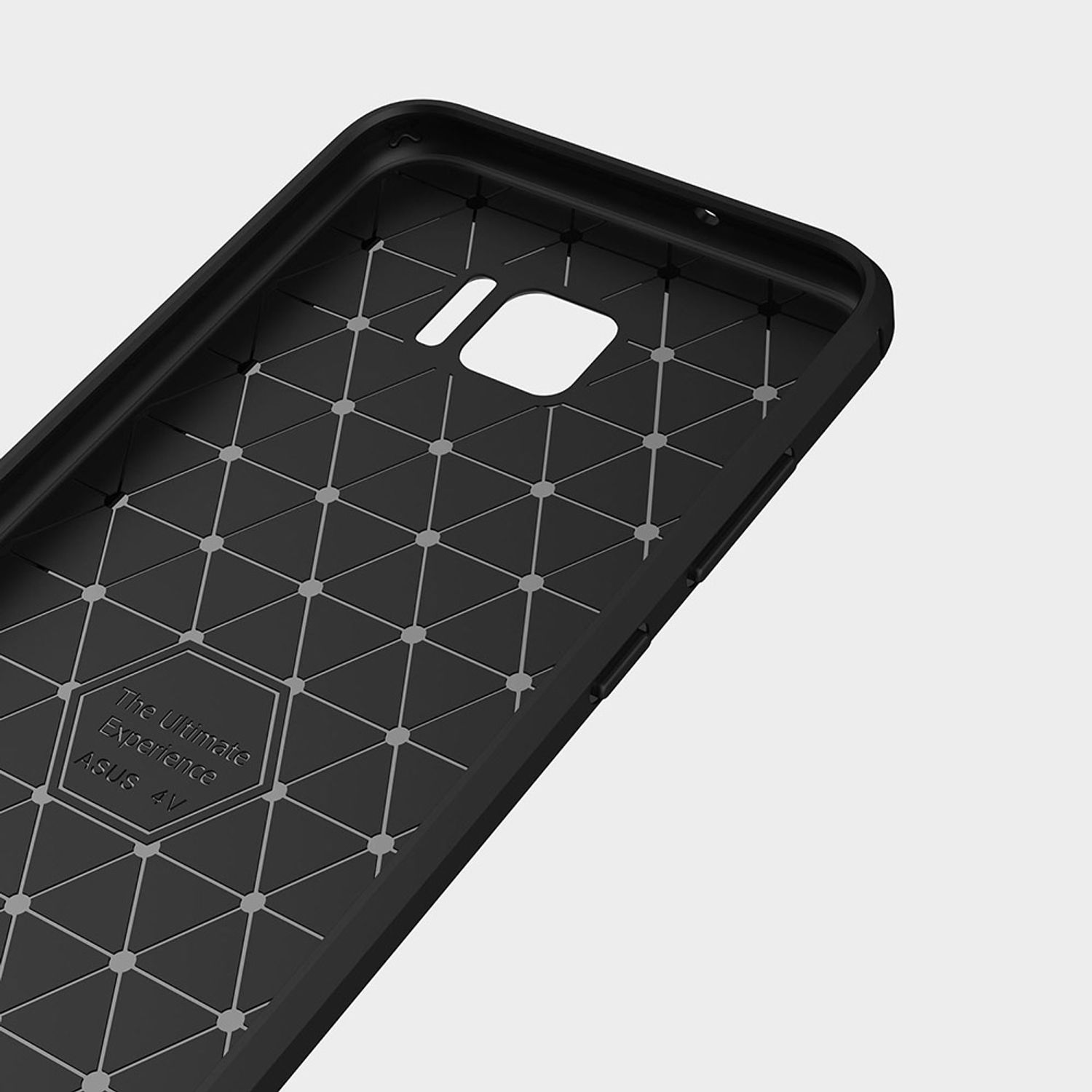 Schwarze Handyhüllen-Innenseite mit geometrischem Muster und dem Text "The Ultimate Experience ASUS 4V".