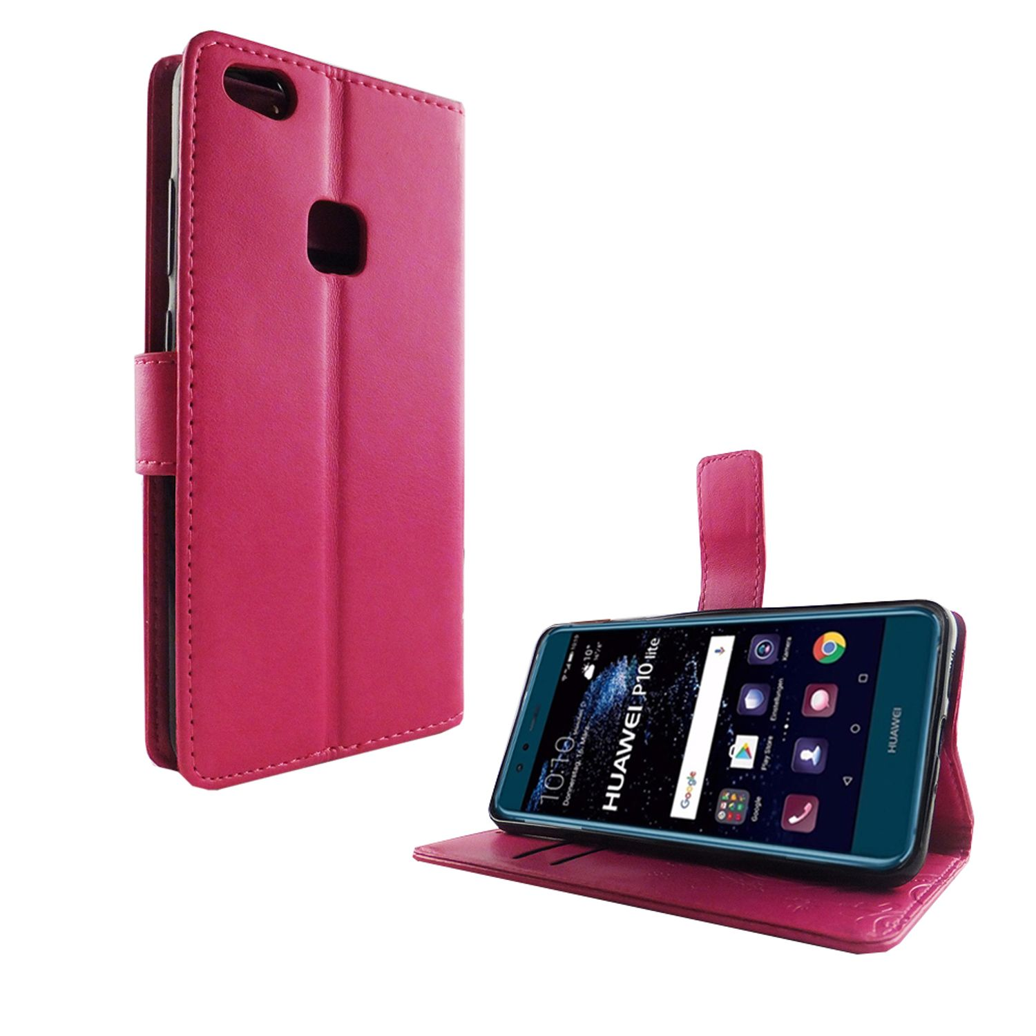 Pinkfarbene Handyhülle, geöffnet, um ein Telefon freizugeben. Der Telefonbildschirm zeigt eine Benutzeroberfläche mit App-Symbolen.