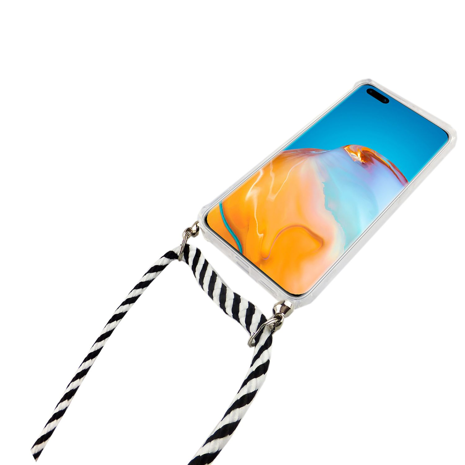 Weißes Telefon mit einem schwarz-weiß gestreiften Riemen.