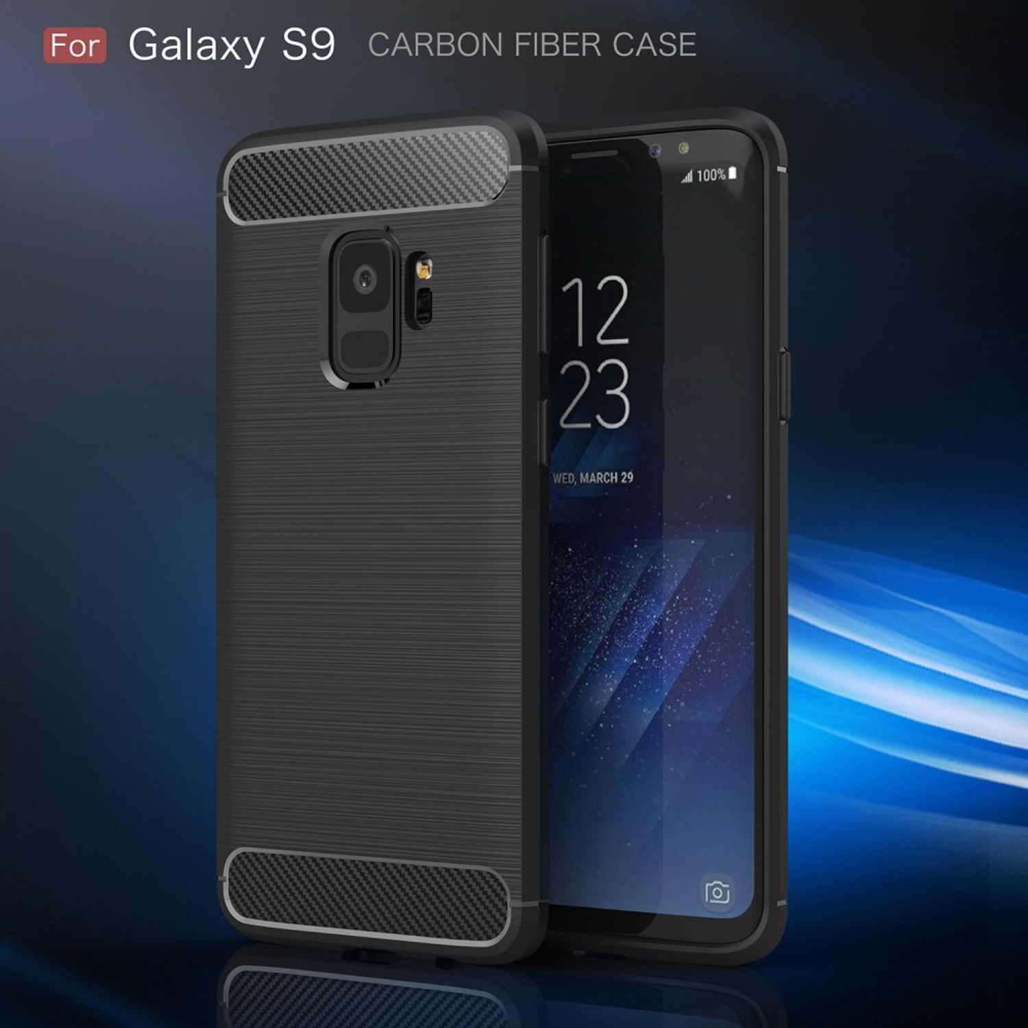 Eine schwarze Handyhülle für ein Galaxy S9. Das Telefon ist darin, die Hülle hat Kohlefaserstruktur.