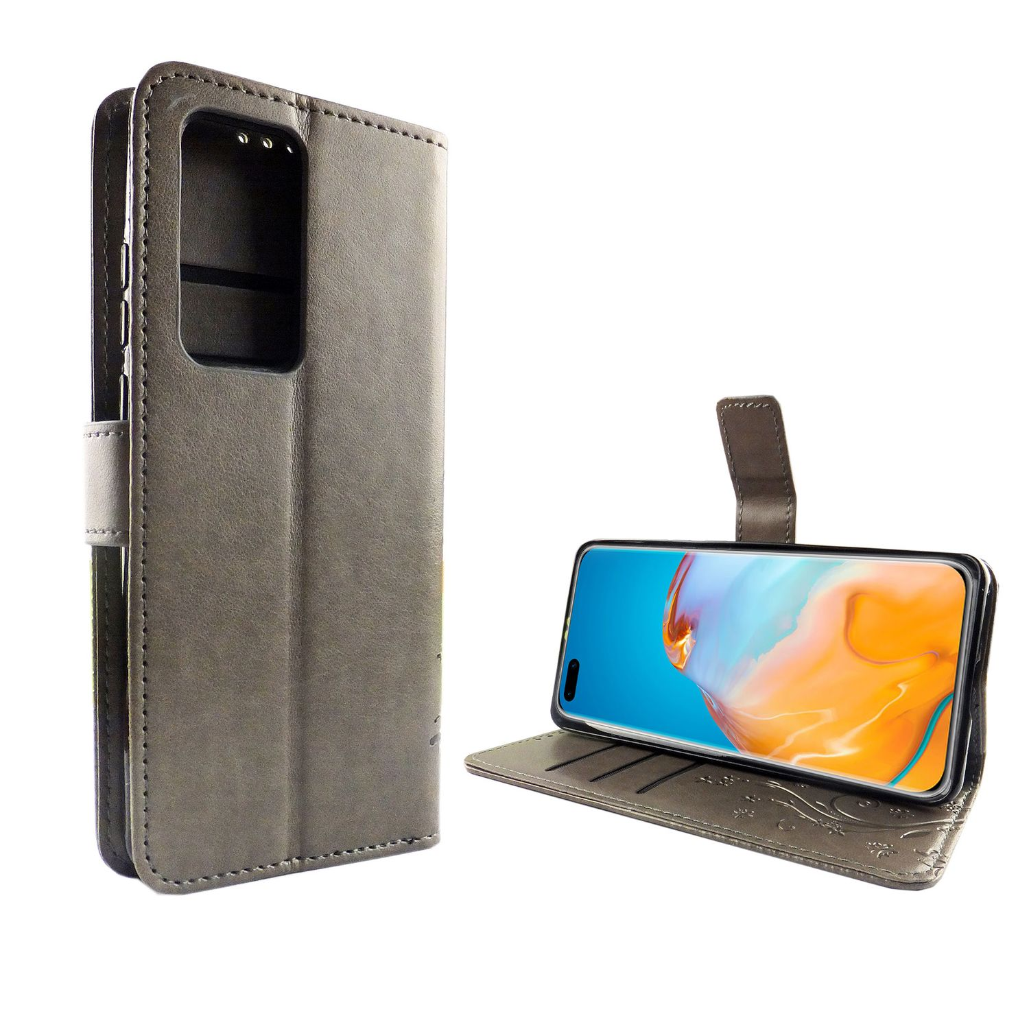 Graue Leder-Handyhülle, offen mit Telefon innen. Telefon zeigt farbenfrohes Bild. Leder ist strukturiert.
