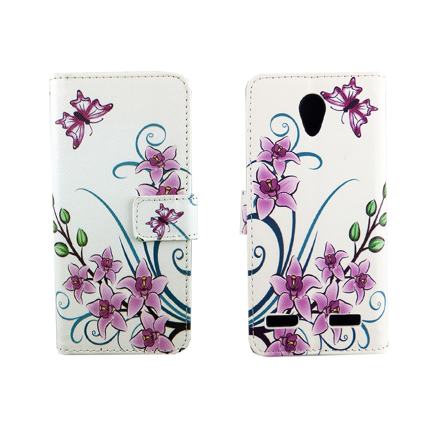 Weiße Handyhülle mit rosa Blumen und Schmetterlingen, offen und geschlossen.