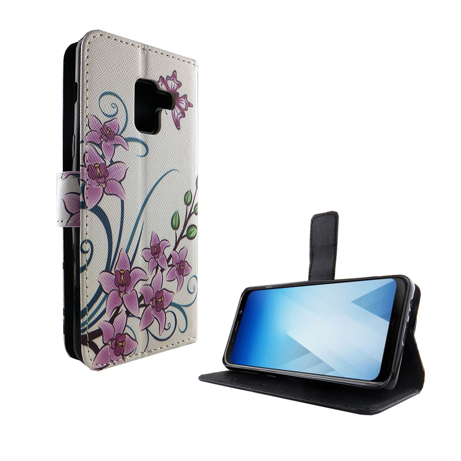 Handyhülle mit Blumendesign, geöffnet. Blumen und Blätter. Telefon innen, kein Telefon sichtbar.