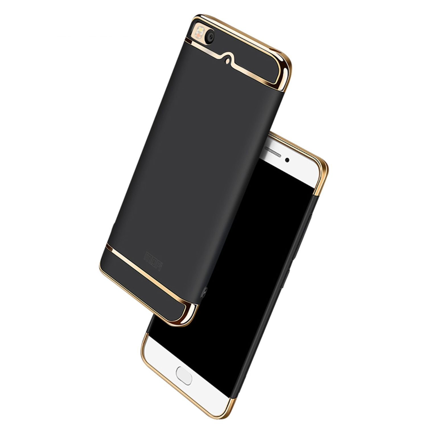 Zwei Telefone, schwarz mit goldfarbenen Verzierungen, eines auf dem anderen, schräge Aufnahme.