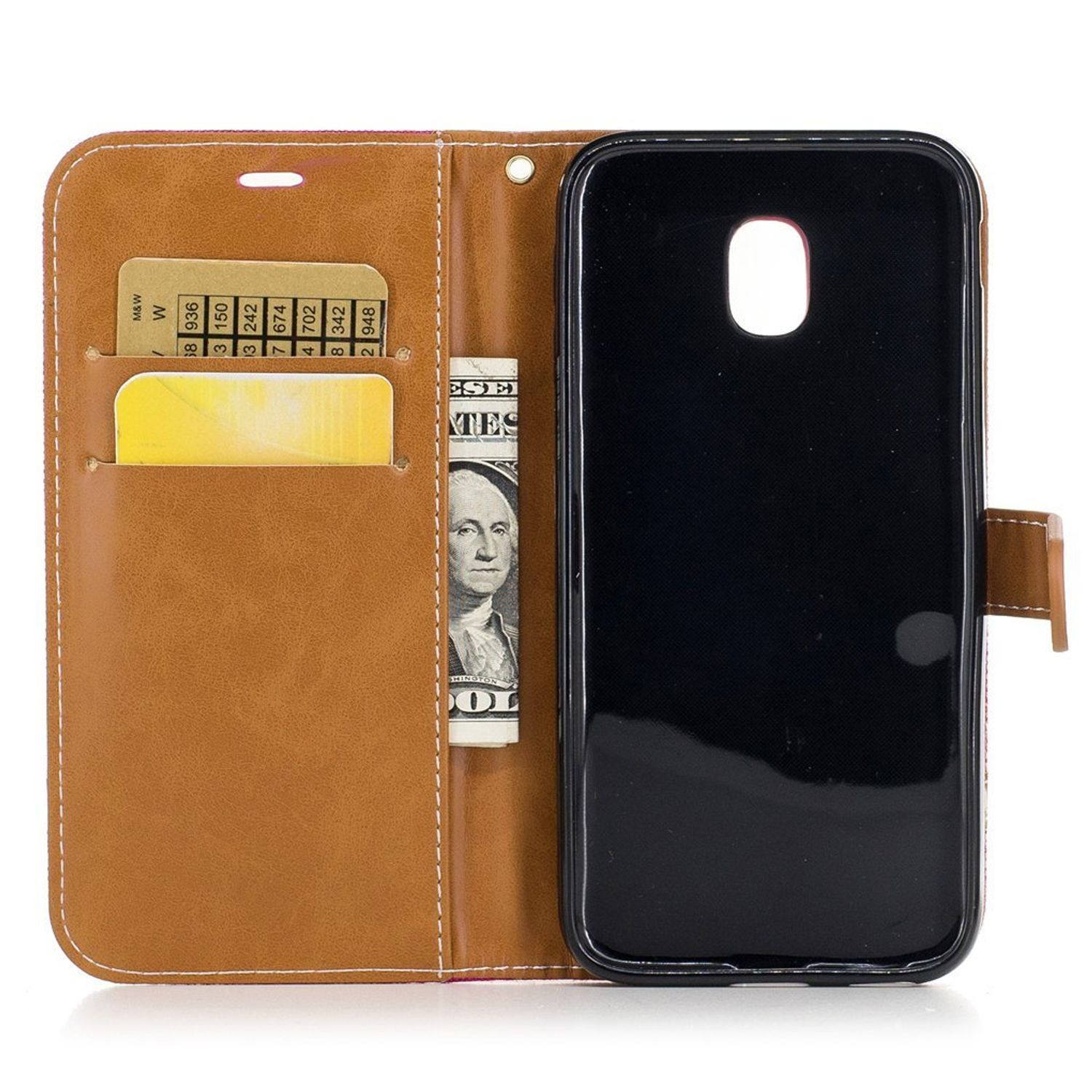 Handyhülle mit Telefon, Kreditkarten und Dollarnoten. Braune und schwarze Farben.