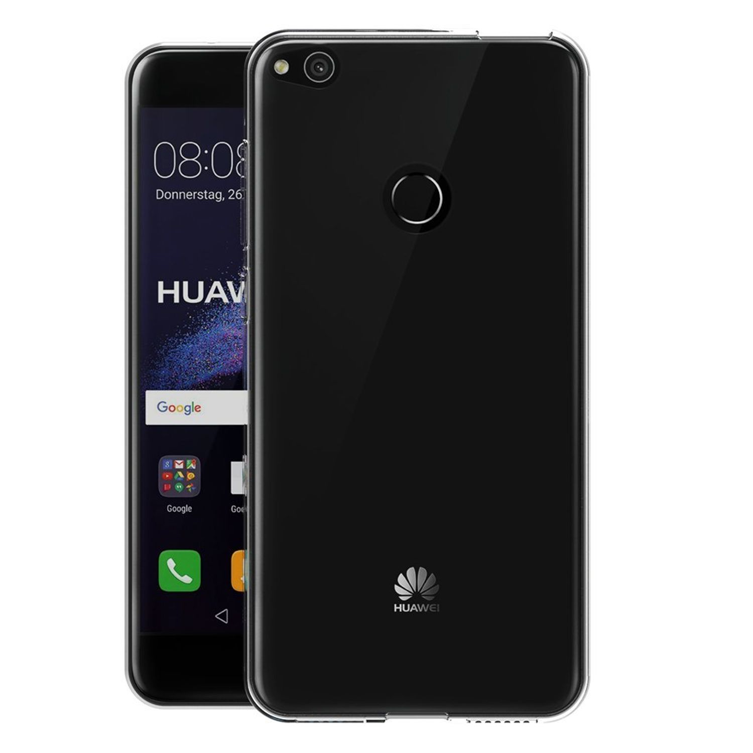 Ein schwarzes Telefon in einer durchsichtigen Hülle, mit einem anderen Telefon dahinter.