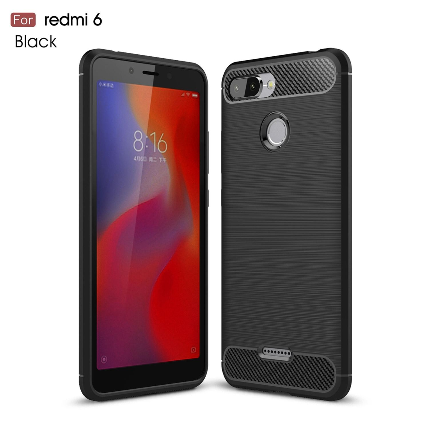 Schwarzes Telefon mit schwarzer Hülle, Text: Für redmi 6 schwarz. Der Bildschirm zeigt die Uhrzeit 8:16.