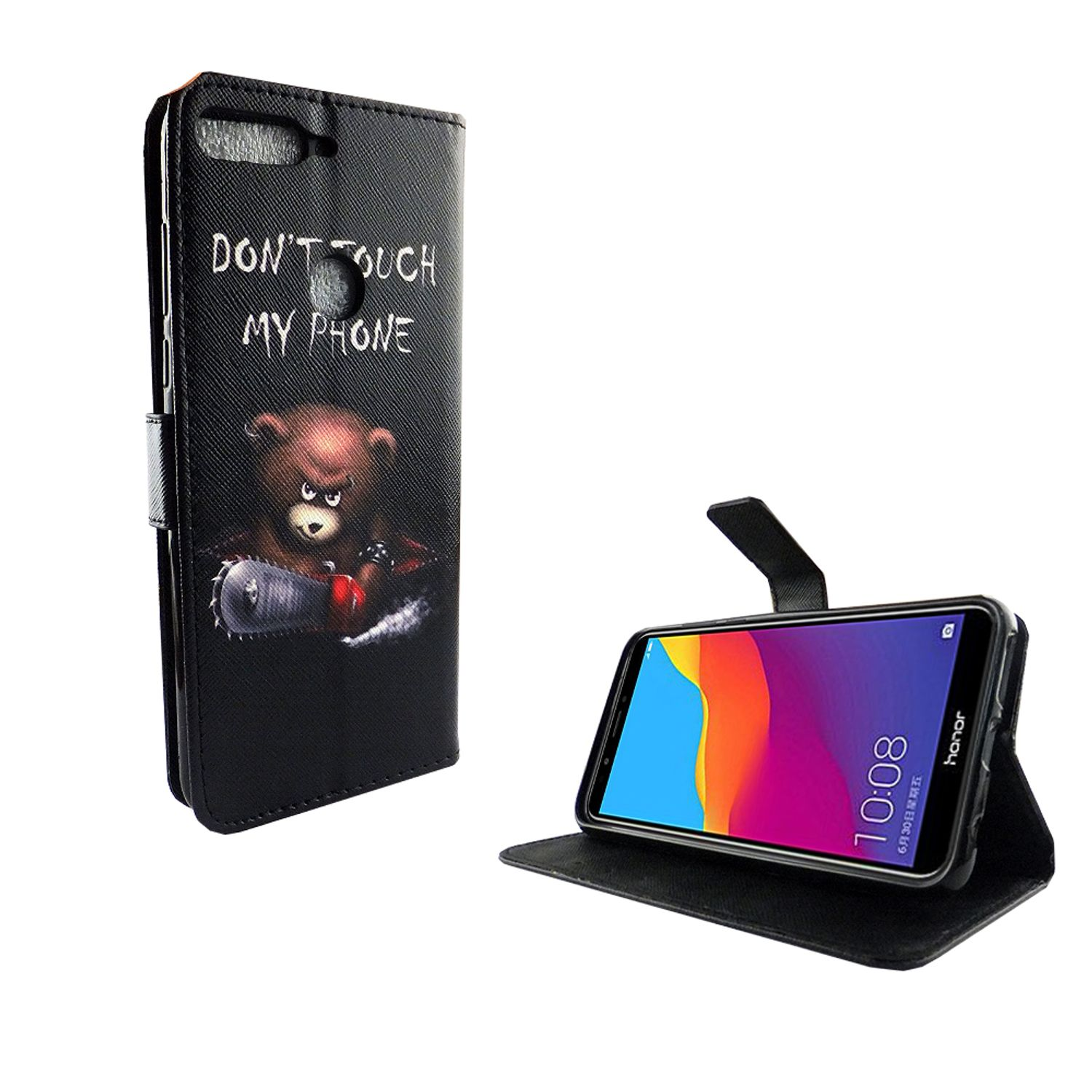 Handyhülle mit Bär und Text. Telefon im Inneren. Weißer Hintergrund.