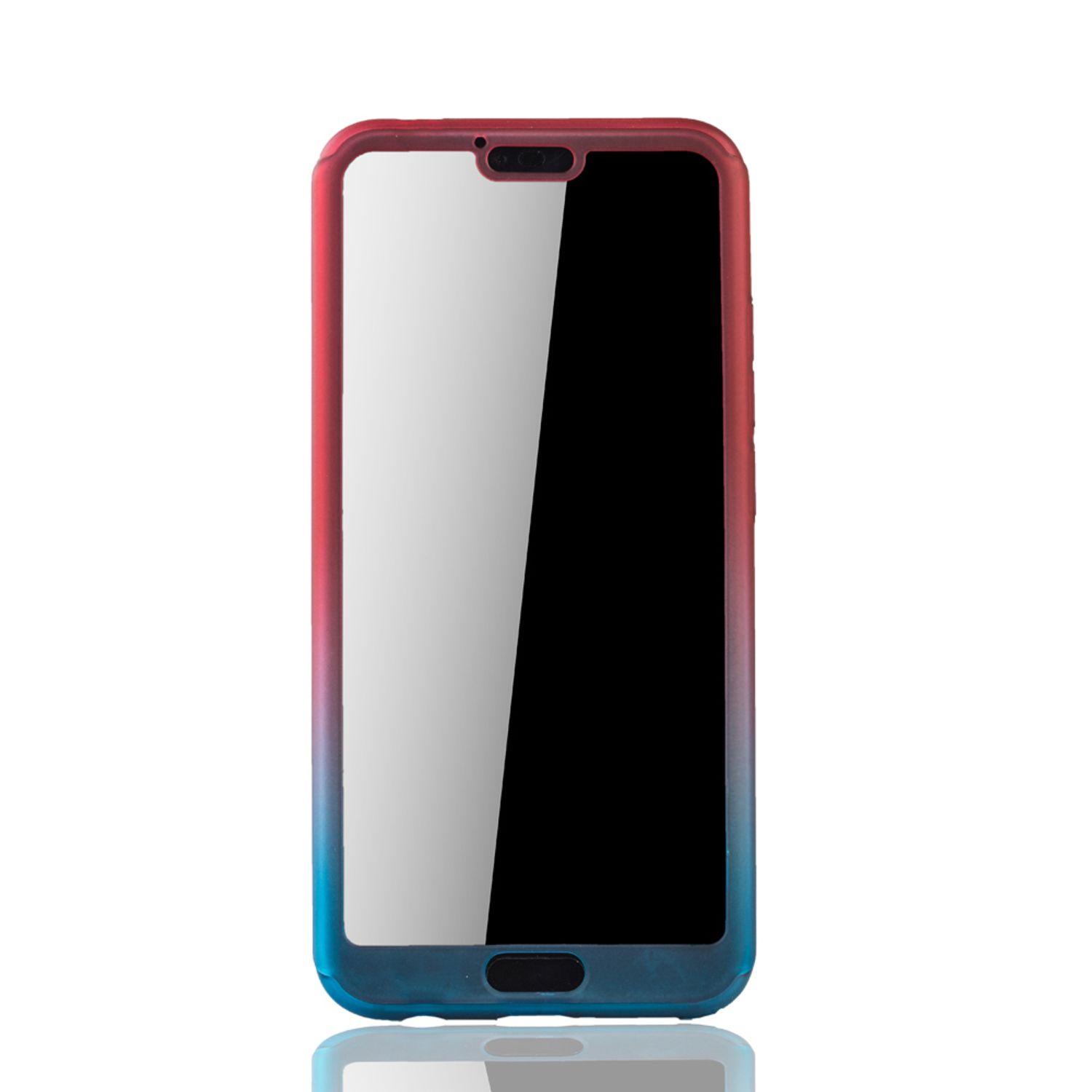 Telefon mit Farbverlauf-Hülle in Rot und Blau, Bildschirm sichtbar. Weißer Hintergrund.
