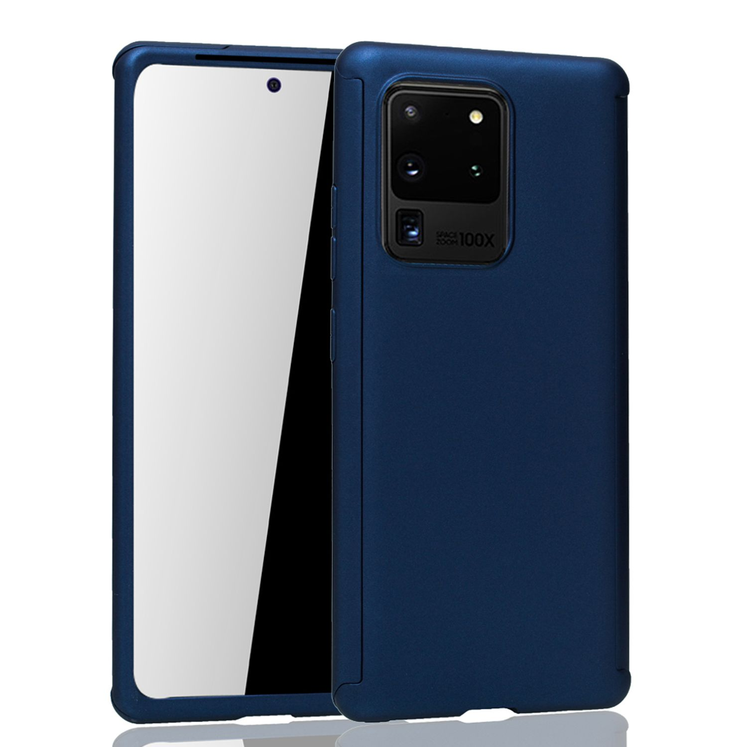 Blaue Handyhülle mit einem Telefon darin. Das Telefon hat einen großen Bildschirm. Der Hintergrund ist weiß.