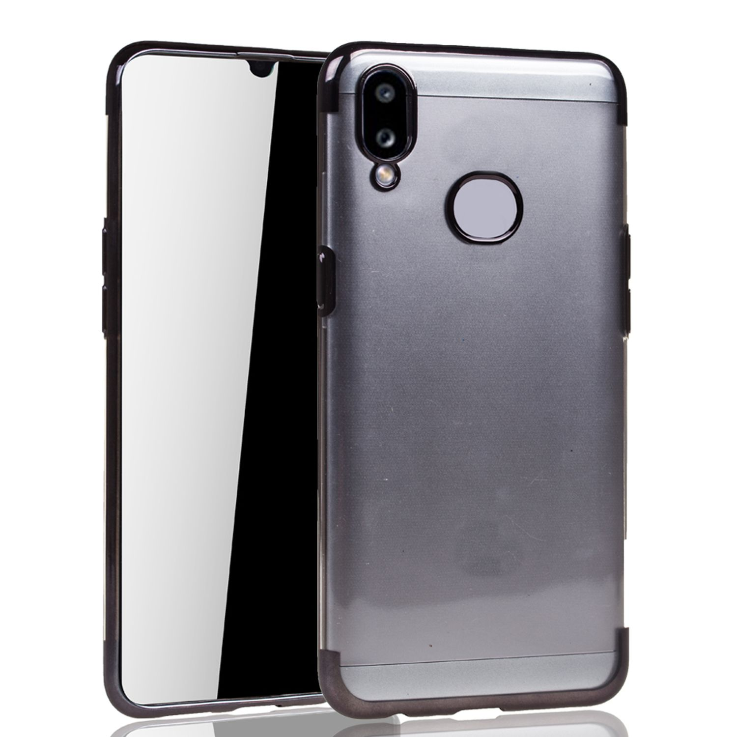 Ein Telefon mit Displayschutzfolie und grauer Handyhülle.
