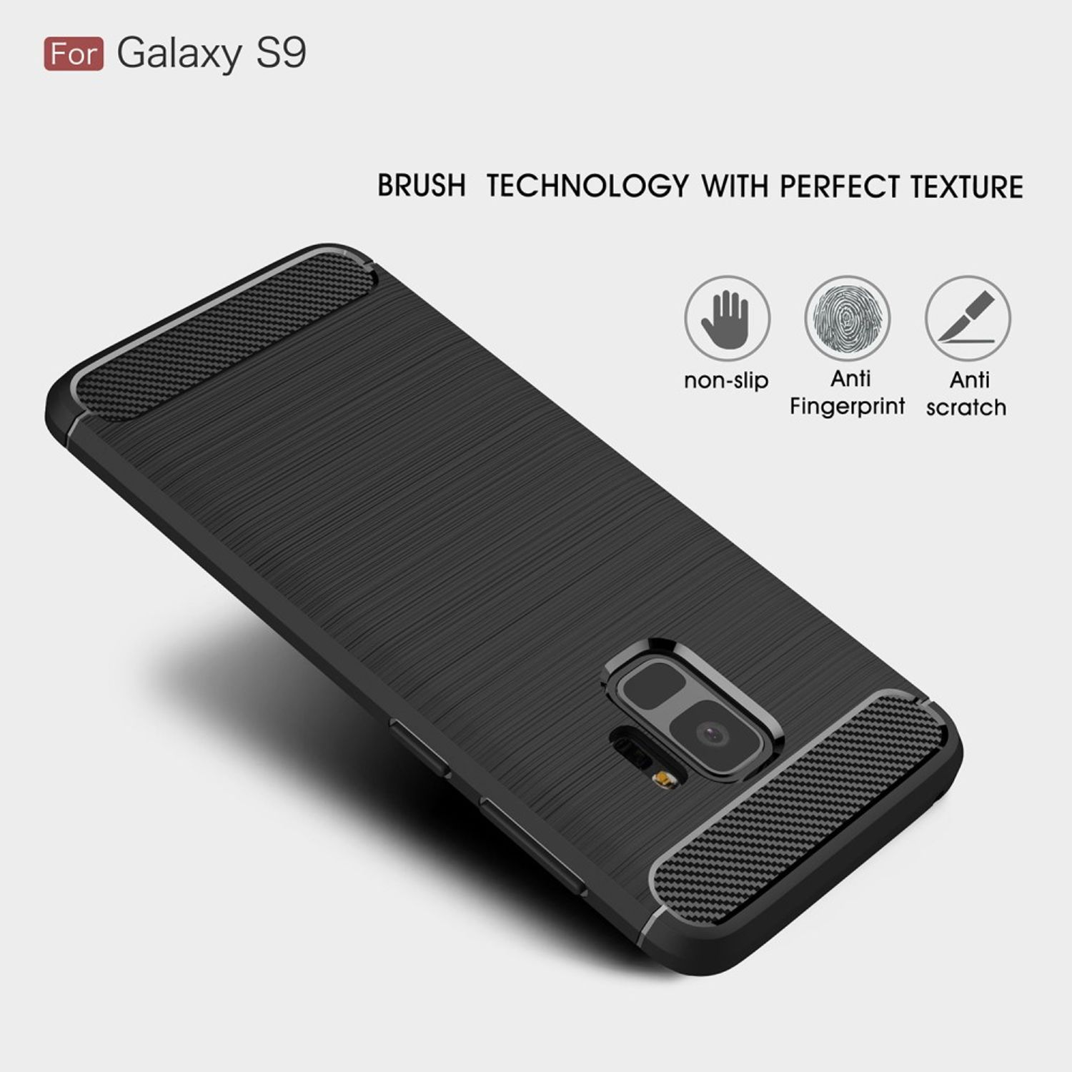 Schwarze Handyhülle für Galaxy S9. Text: 'Brush technology with perfect texture'.