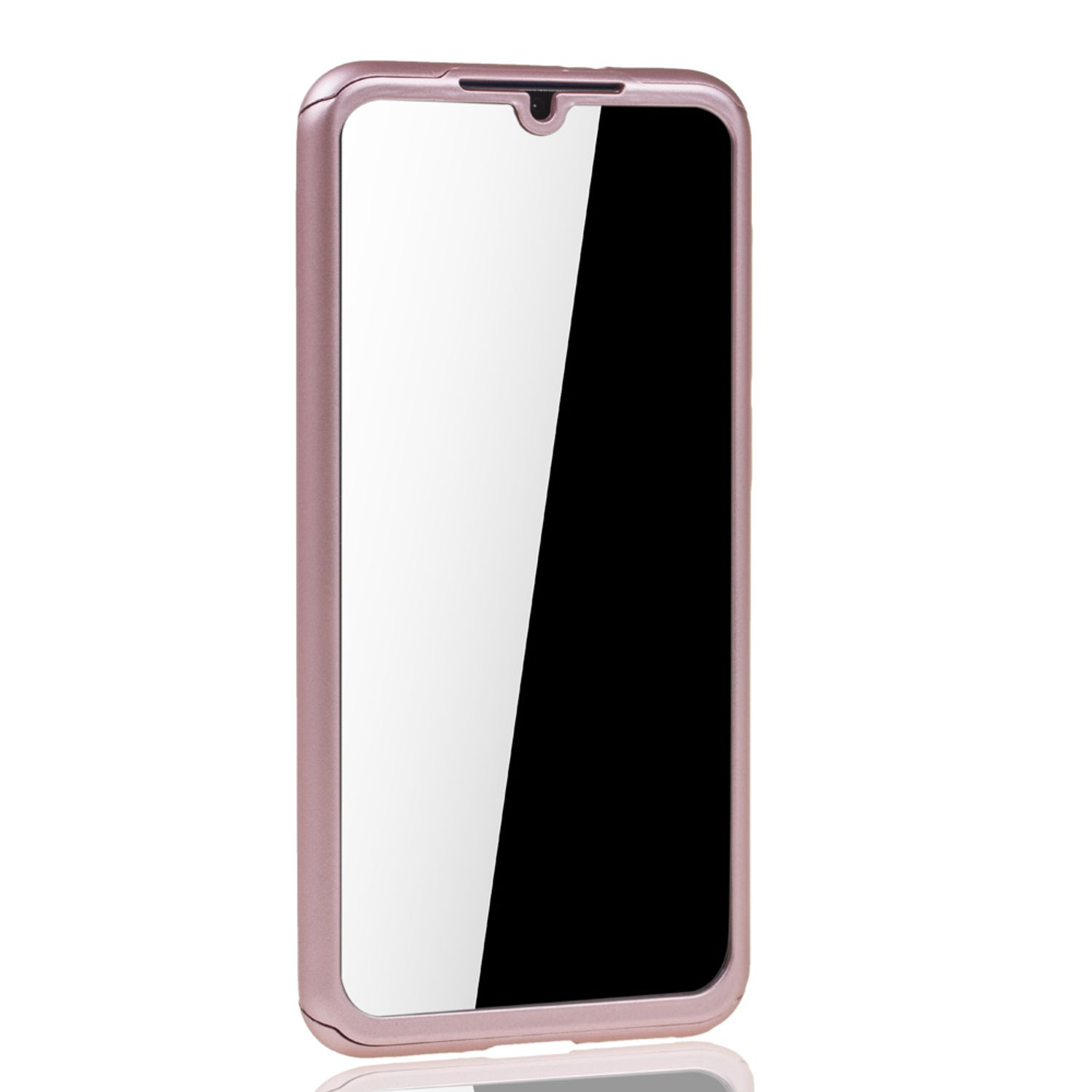 Rosa Telefon in rosafarbener Rahmenhülle. Weißer Bildschirm.