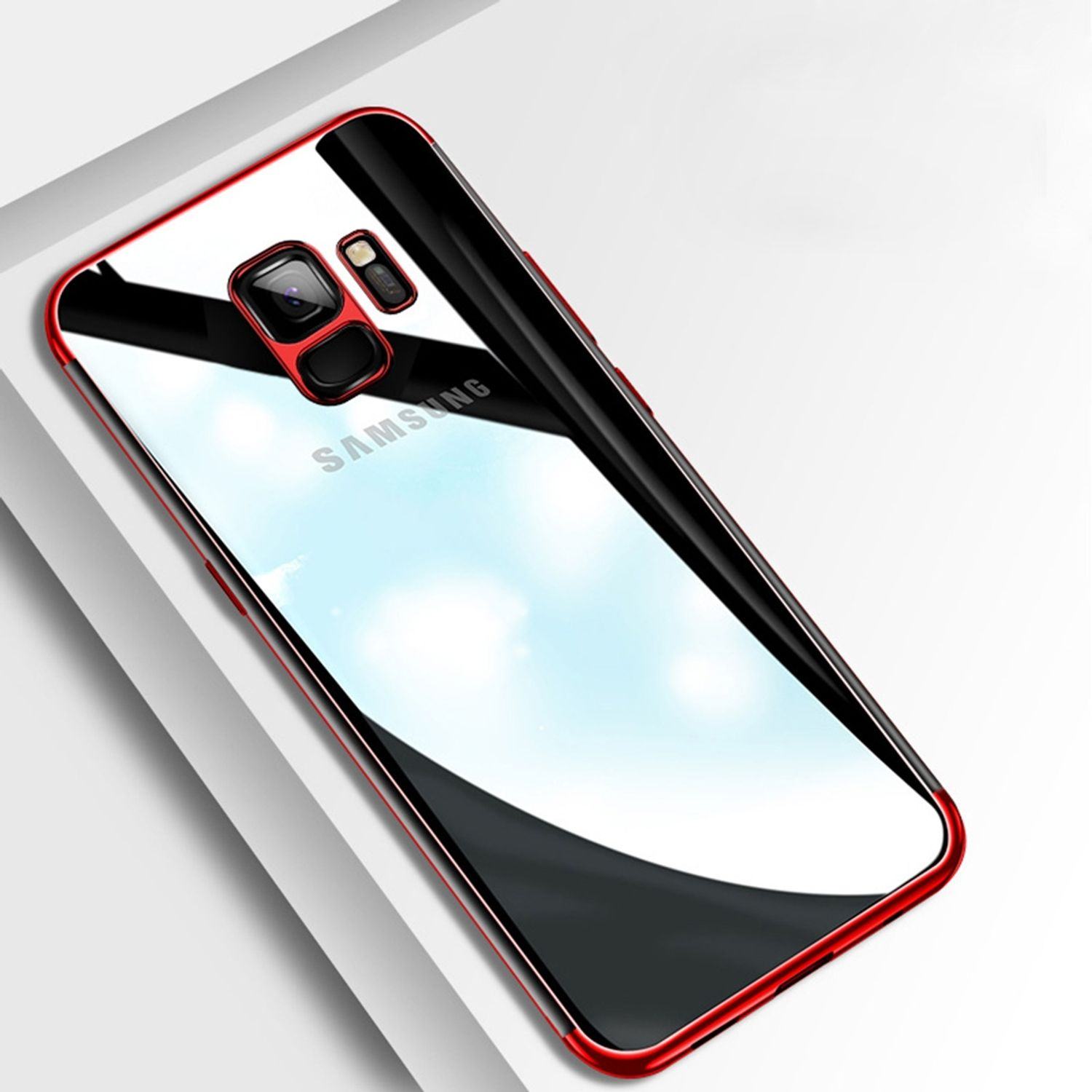 Transparente Handyhülle mit rotem Rahmen, Telefon zeigend.