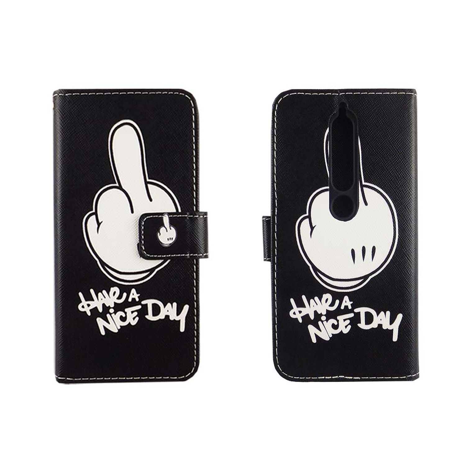 Schwarze Handyhülle mit Handgrafik und Text "Have a Nice Day". Weißer Hintergrund.