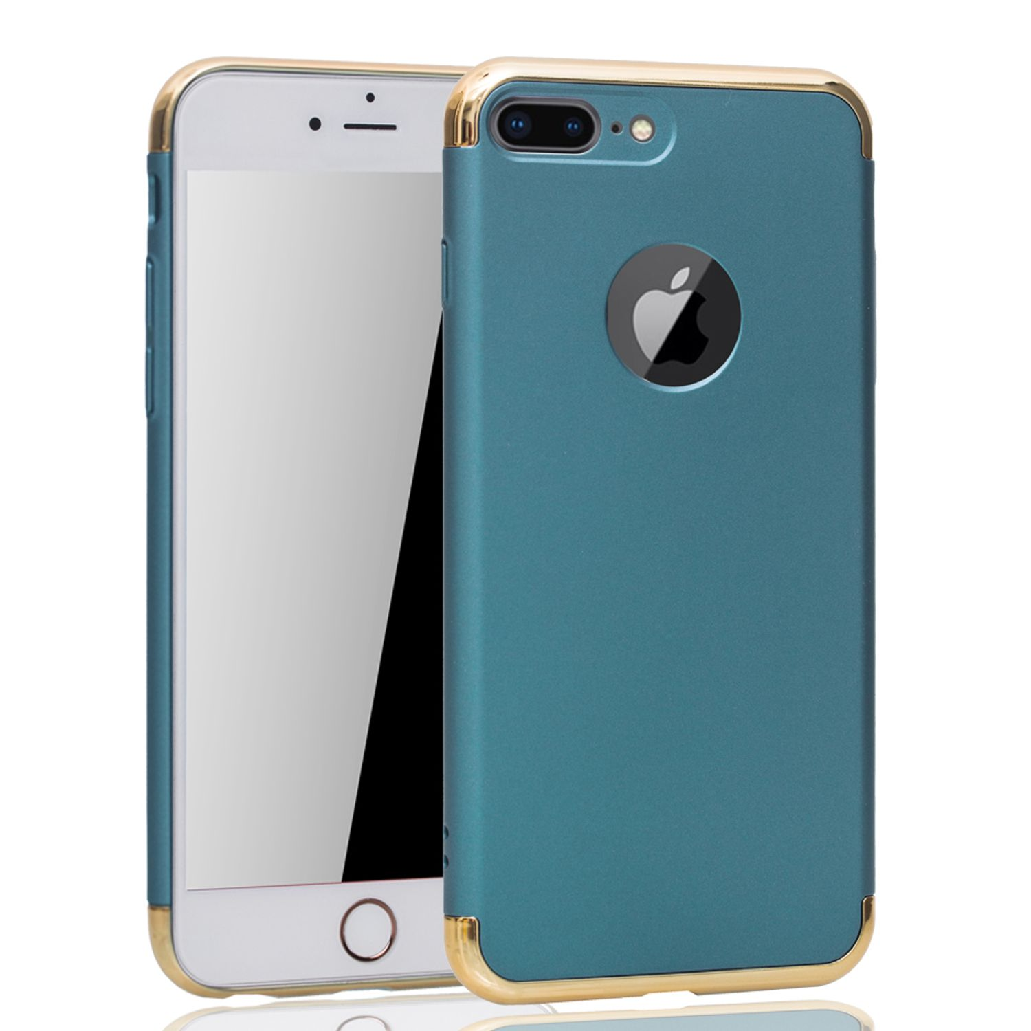 Blaue Handyhülle mit goldenem Rand und weißem Telefon.