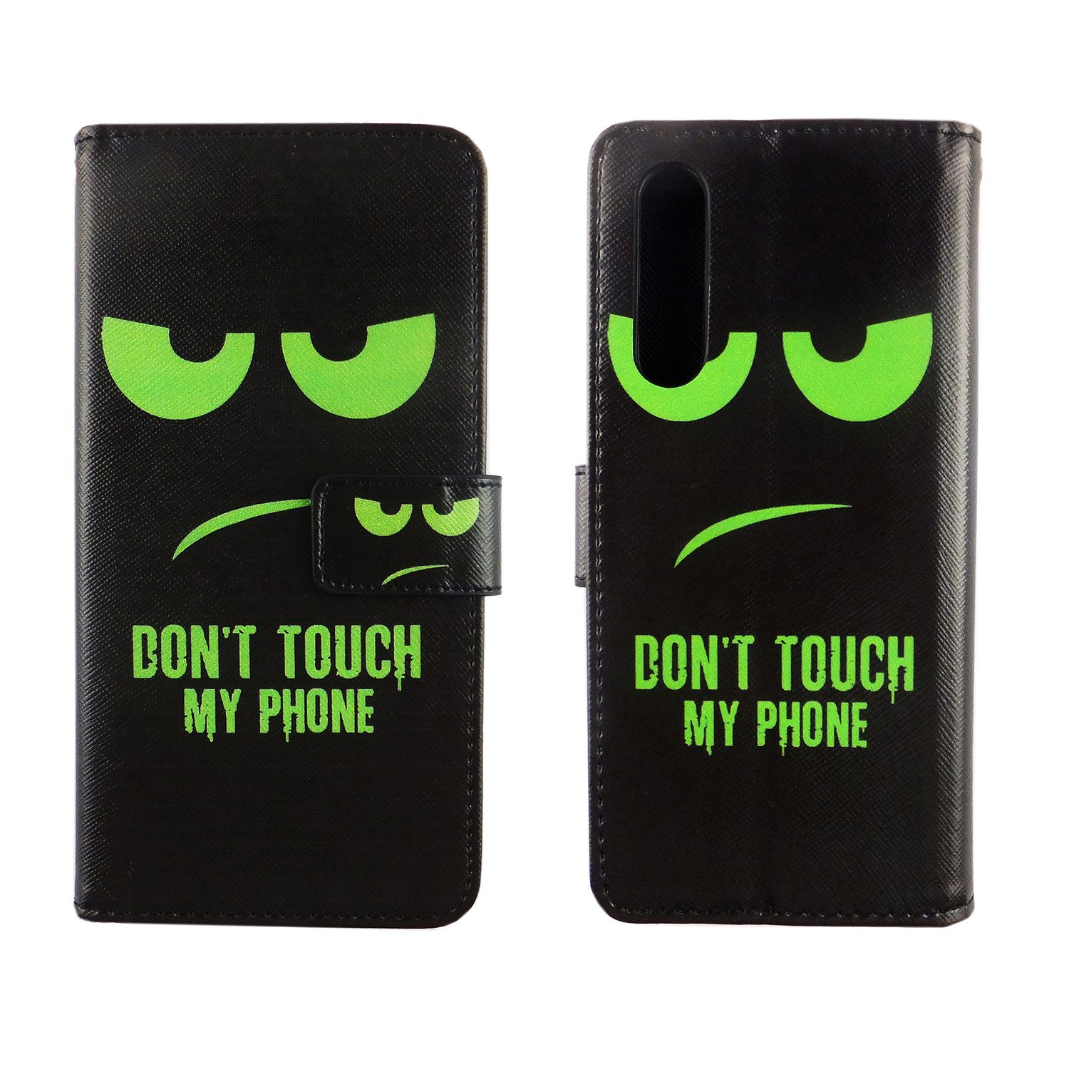Schwarze Handyhülle mit grünen Augen und Text 'DON'T TOUCH MY PHONE'. Weißer Hintergrund.