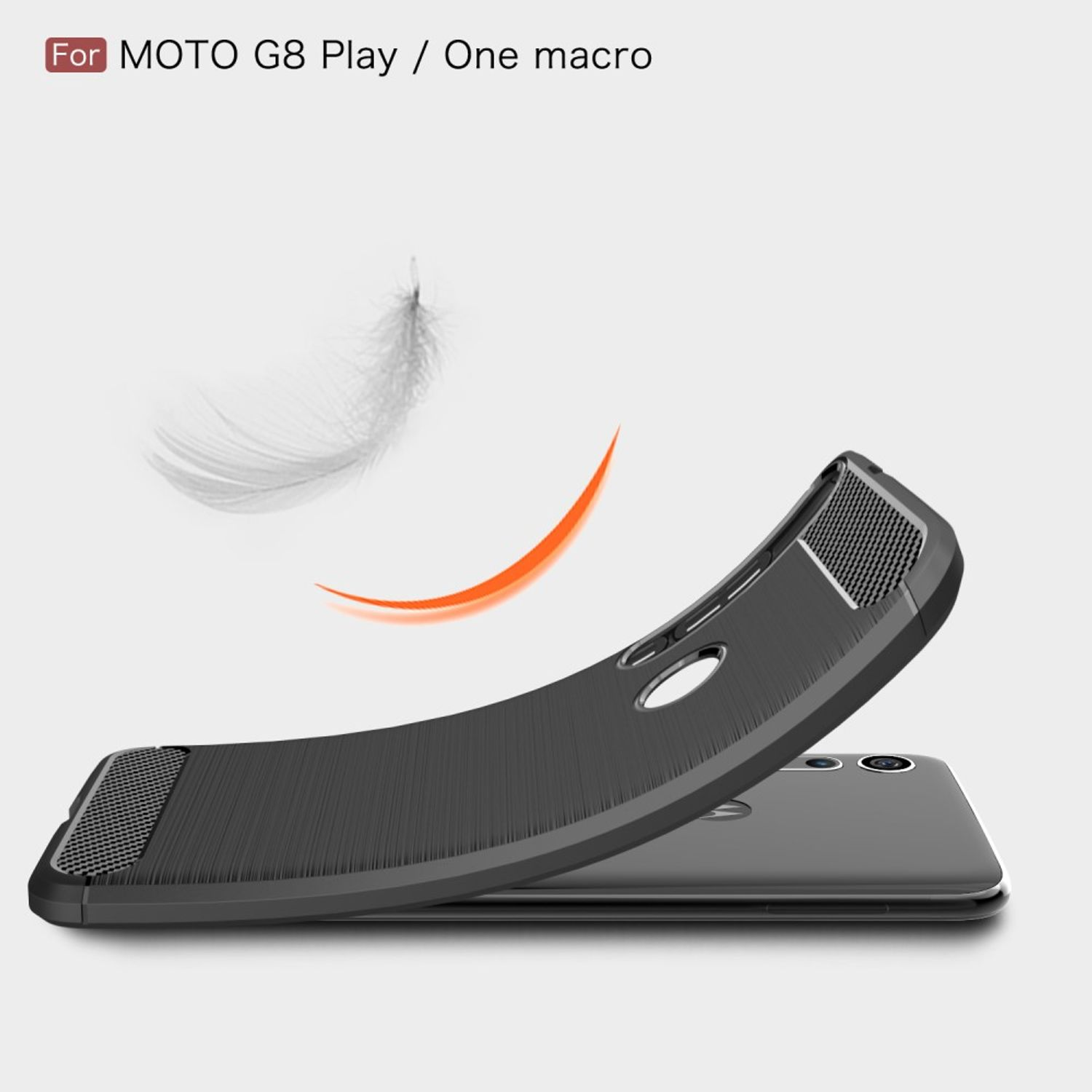 Schwarze Handyhülle mit strukturiertem Design. Eine Feder schwebt über der Hülle, sowie eine orange Linie.