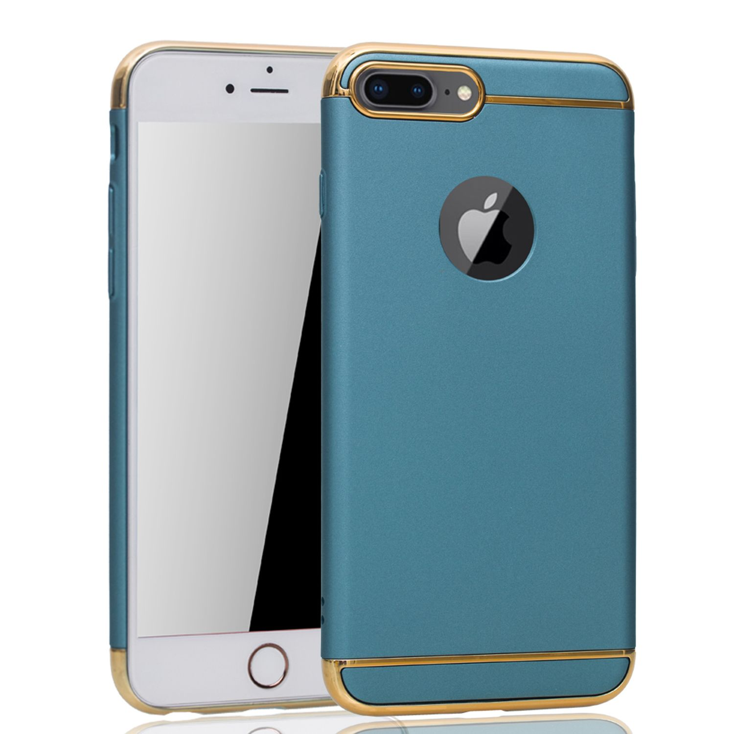 Blaue Handyhülle mit goldfarbenem Rand. Das Telefon ist weiß.