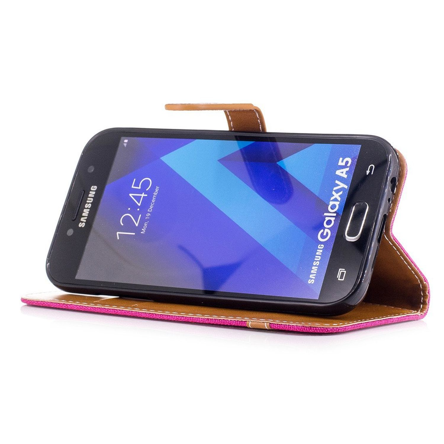 Telefon in rosa Hülle, offen. Der Bildschirm zeigt Zeit und Datum.