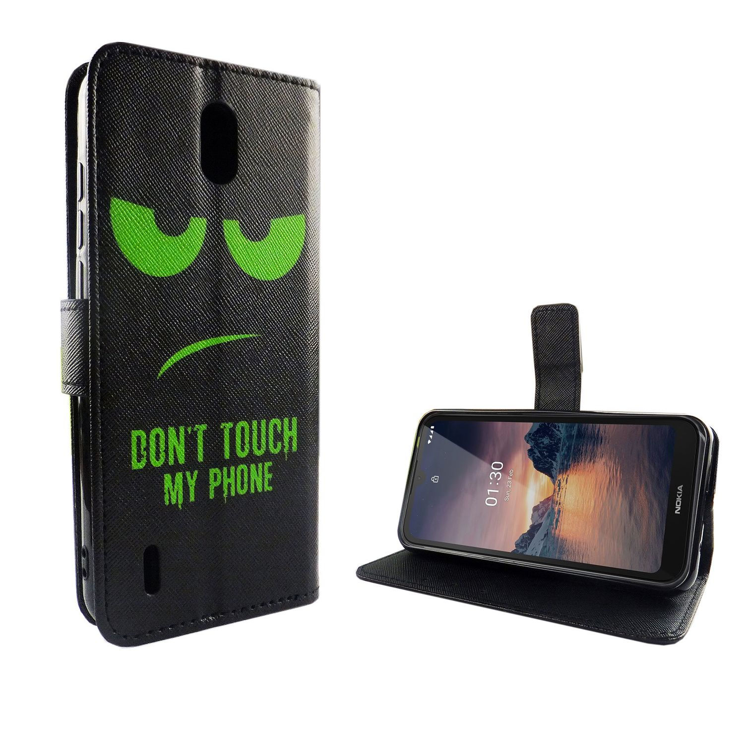 Schwarze Handyhülle mit grünem wütenden Gesicht und 'DON'T TOUCH MY PHONE'. Telefon offen gezeigt.