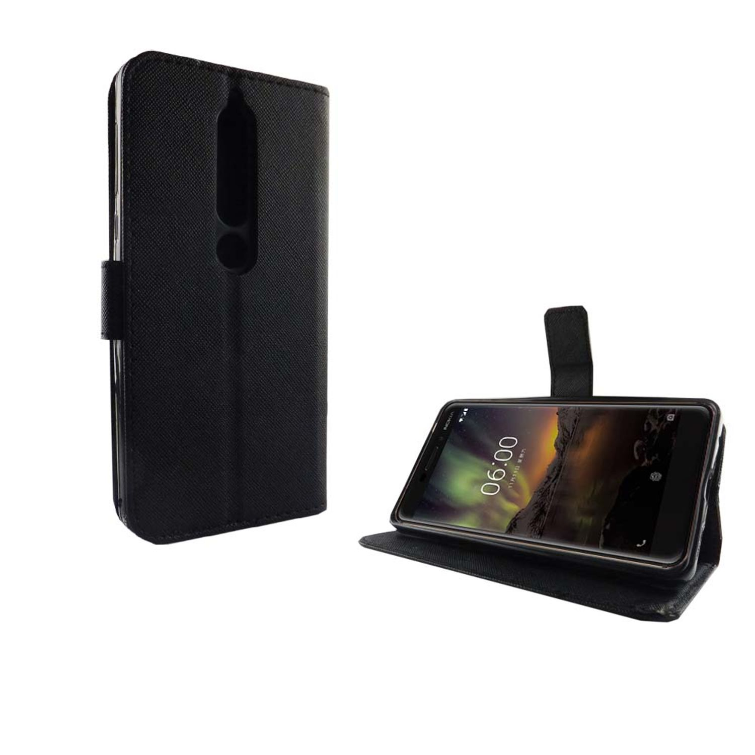 Eine schwarze Handyhülle mit einem schwarzen Telefon im Inneren, das die Zeit anzeigt.