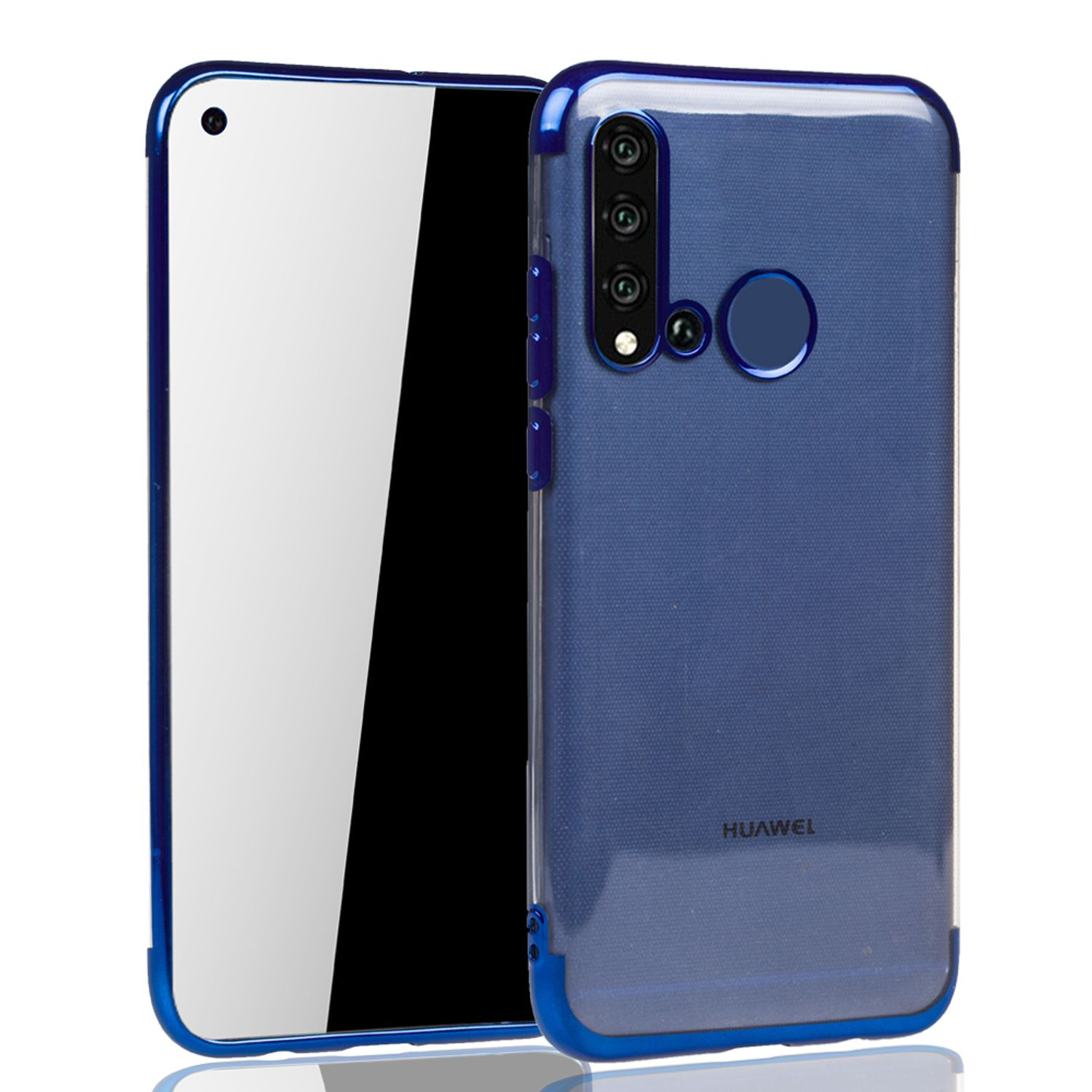 Blaue und transparente Handyhülle. Das Telefon ist sichtbar.