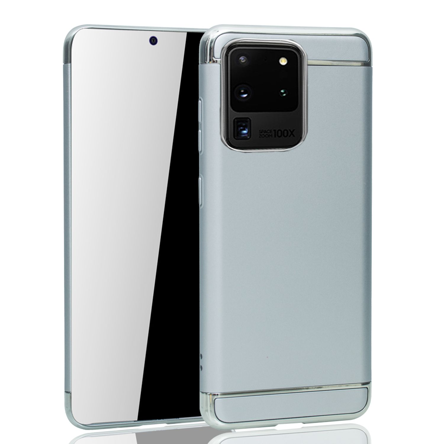Silberne Handyhülle mit Telefon auf der linken Seite. Weißer Hintergrund.