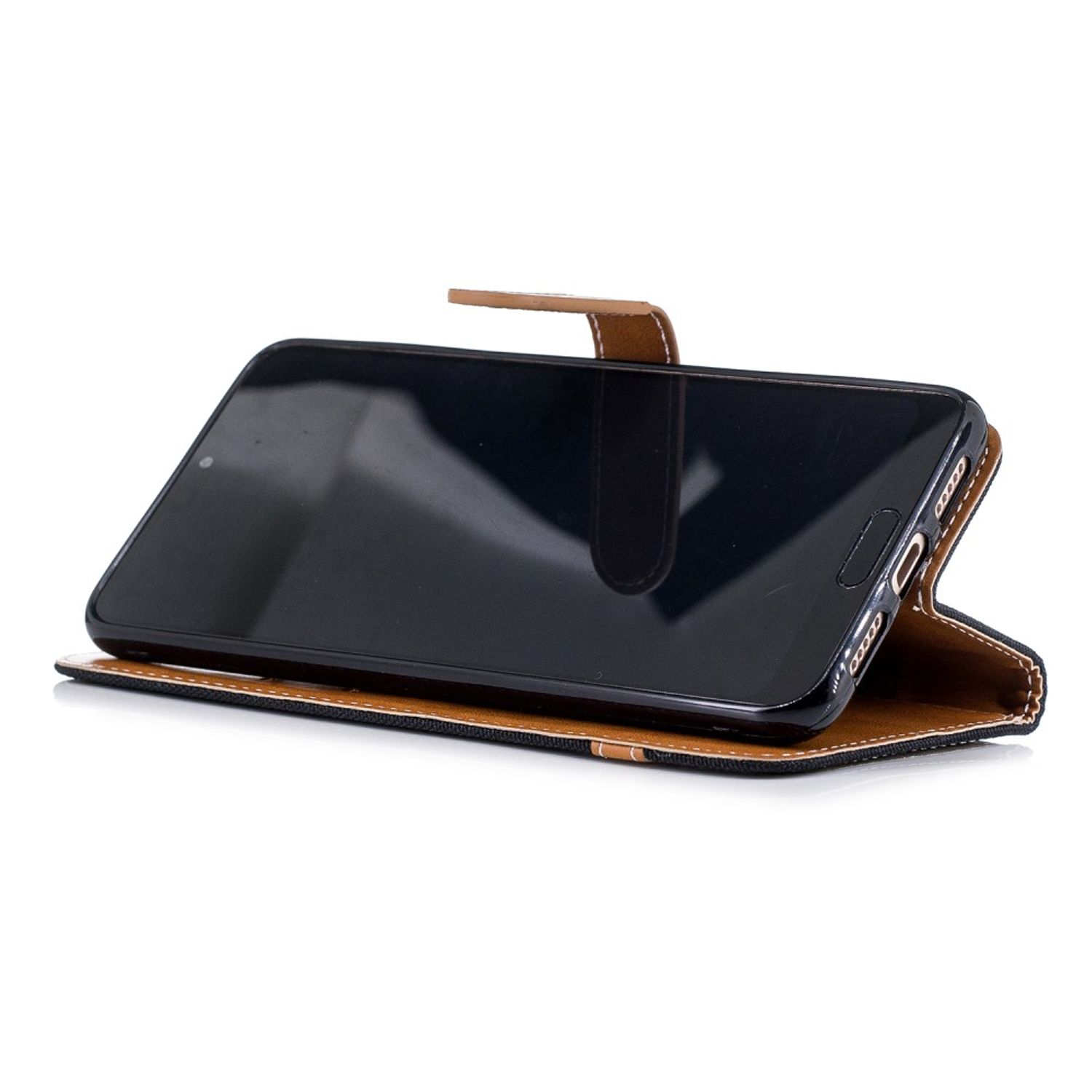 Telefon in geöffneter Hülle mit schwarzem Bildschirm. Braune und schwarze Hülle.