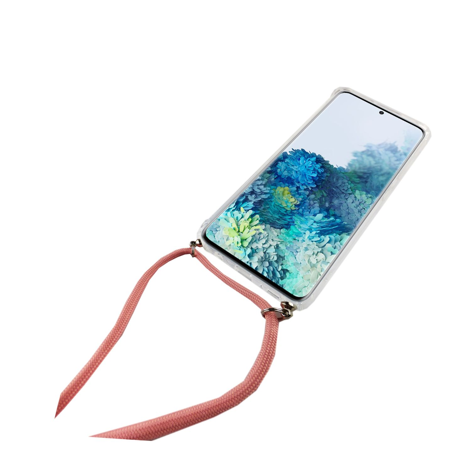 Telefon in klarer Hülle mit rosa Lanyard, schräge Ansicht.