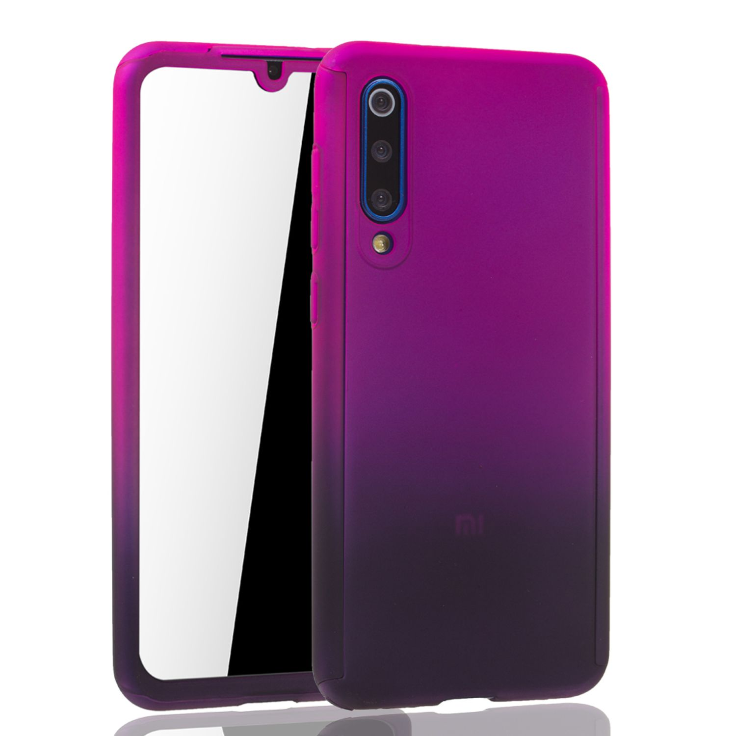 Lila und schwarze Handyhülle mit sichtbarem Telefonbildschirm. Weißer Hintergrund.
