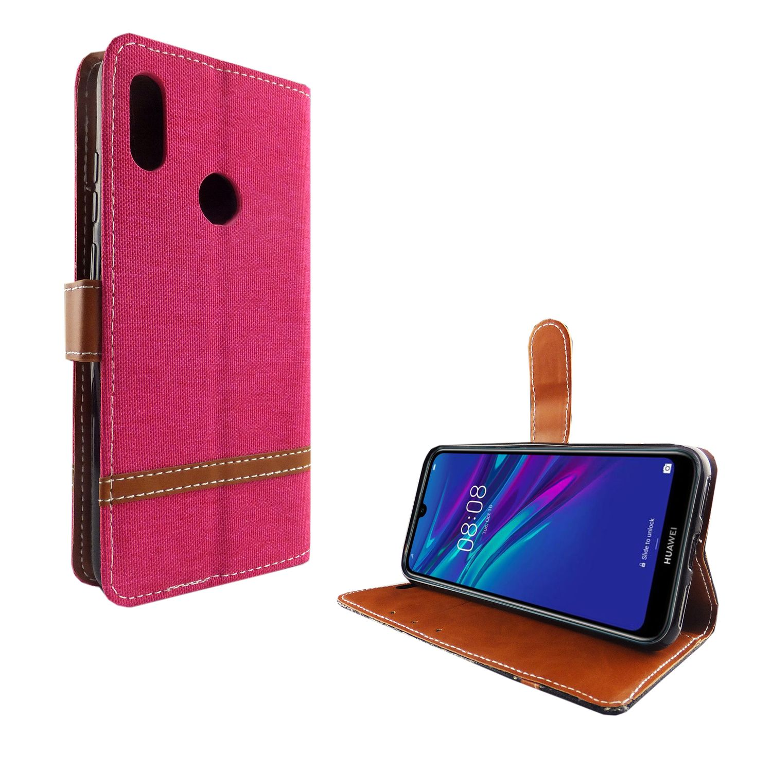 Rosa Handyhülle mit braunem Riemen und Nähten. Telefon innen mit der Zeit 08:08 auf dem Bildschirm.