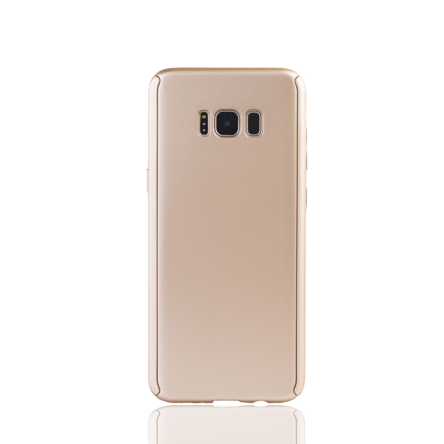 Goldenes Telefon, Rückansicht mit Kamera und Knöpfen. Auf weißer Oberfläche reflektiert.