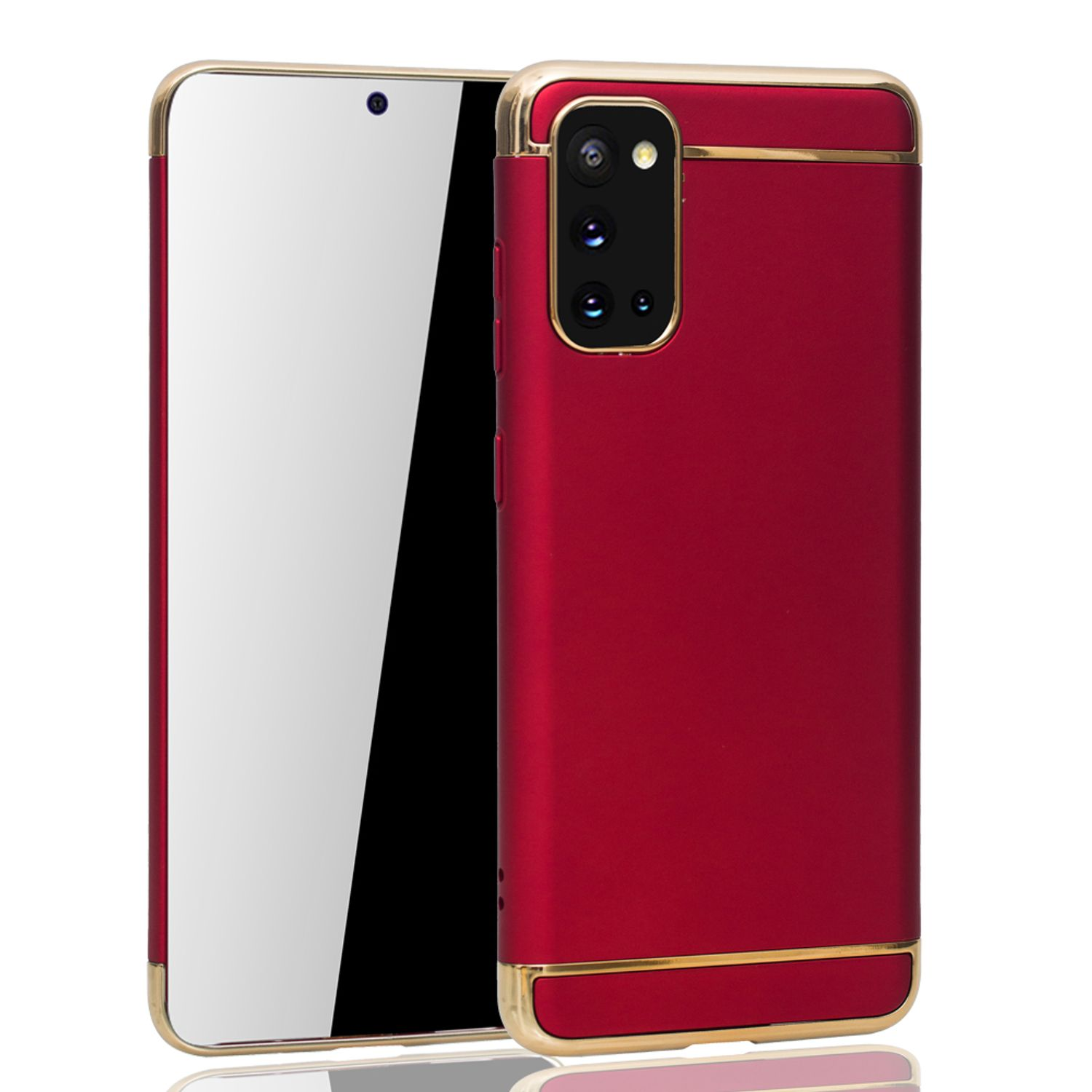 Rote Telefonhülle mit goldfarbenem Zierrat. Auf der linken Seite ist ein Telefonbildschirm sichtbar.