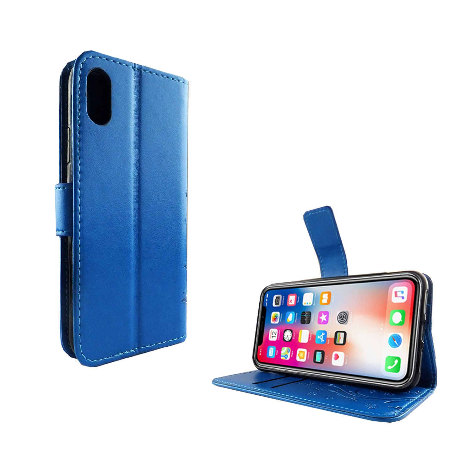 Blaue Handyhülle, offen und geschlossen. Telefonbildschirm mit App-Symbolen. Weißer Hintergrund.