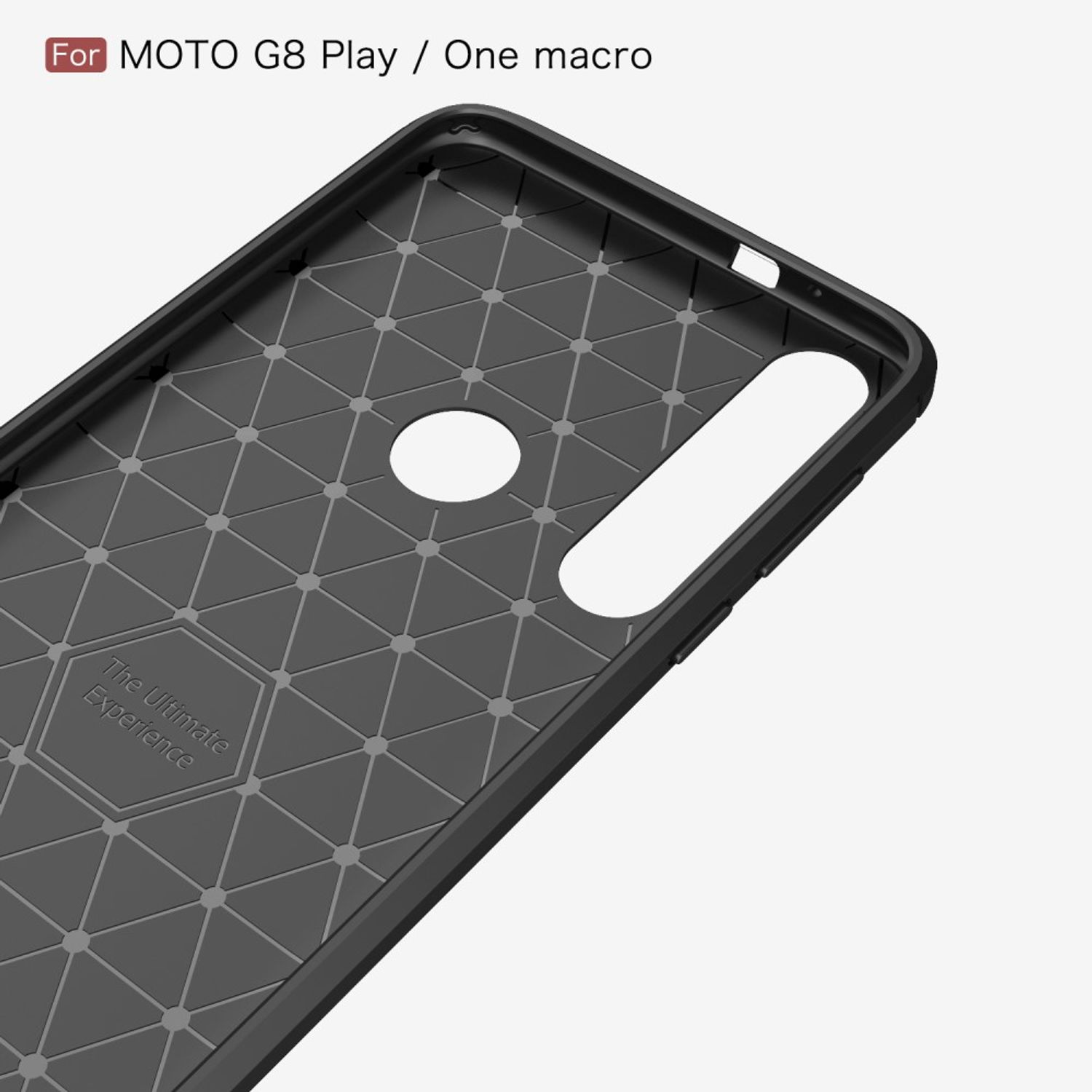 Nahaufnahme einer schwarzen Handyhülle mit Wabenmuster innen, für MOTO G8 Play.