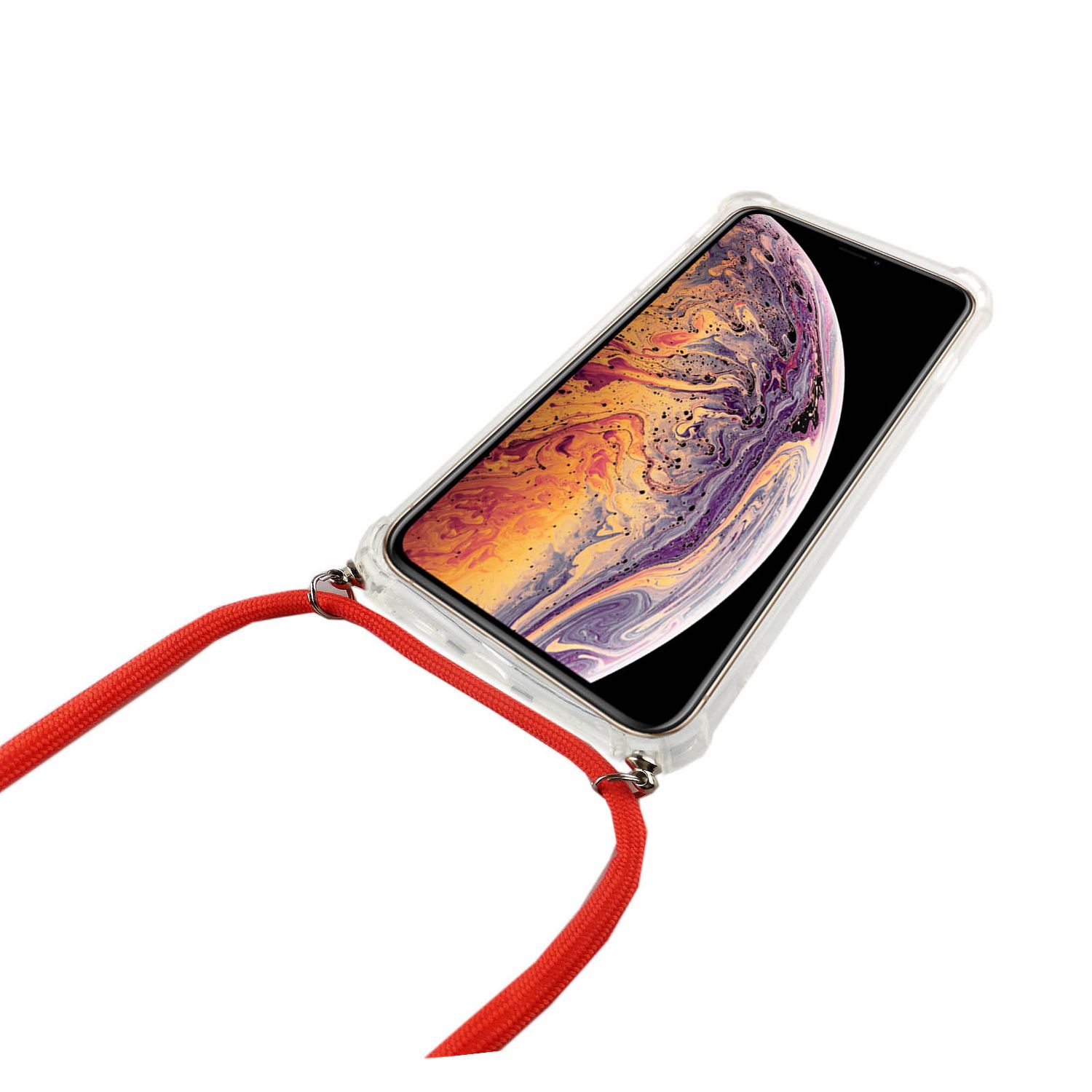 iPhone in klarer Hülle mit rotem Riemen. Das Display zeigt ein farbenfrohes Bild. Weißer Hintergrund.