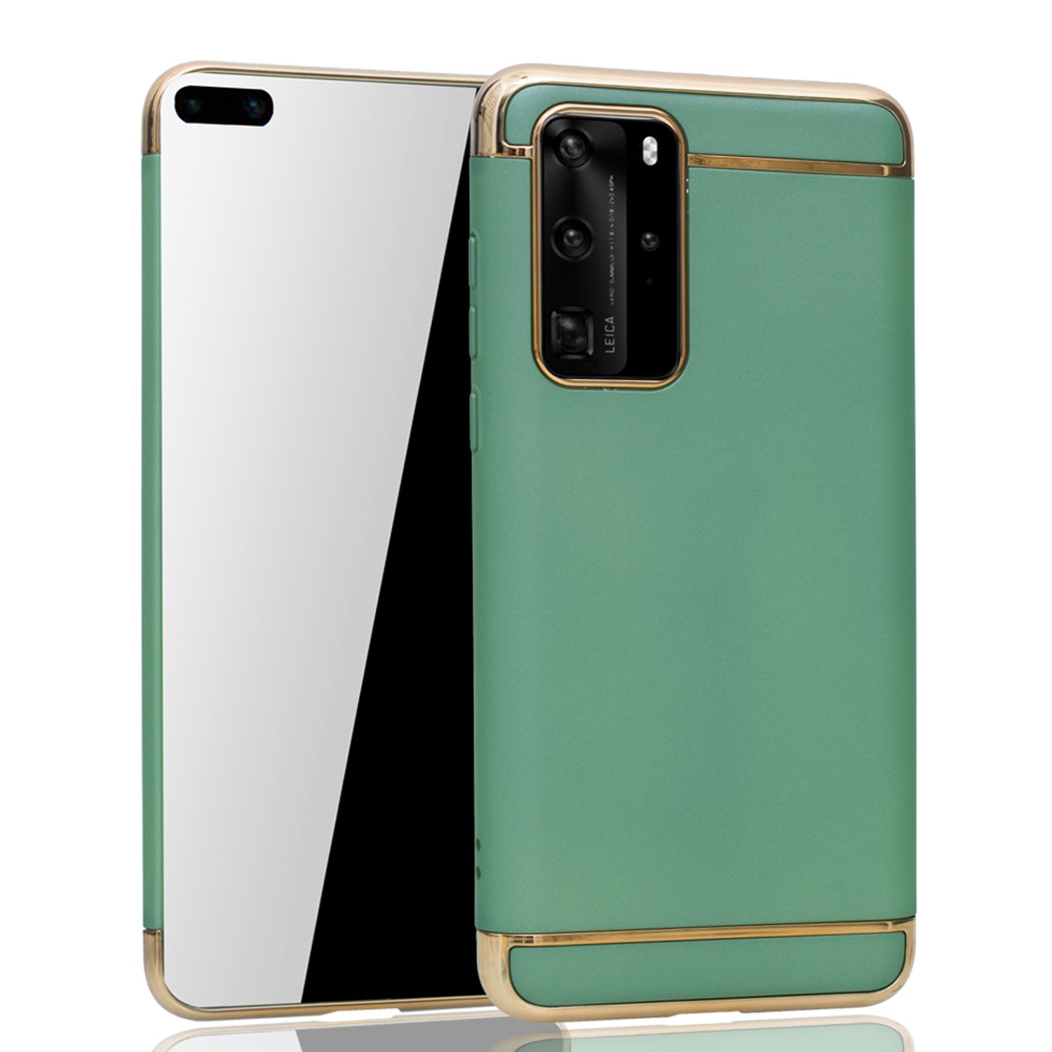 Grüne Handyhülle mit goldenen Zierleisten, Telefon links.