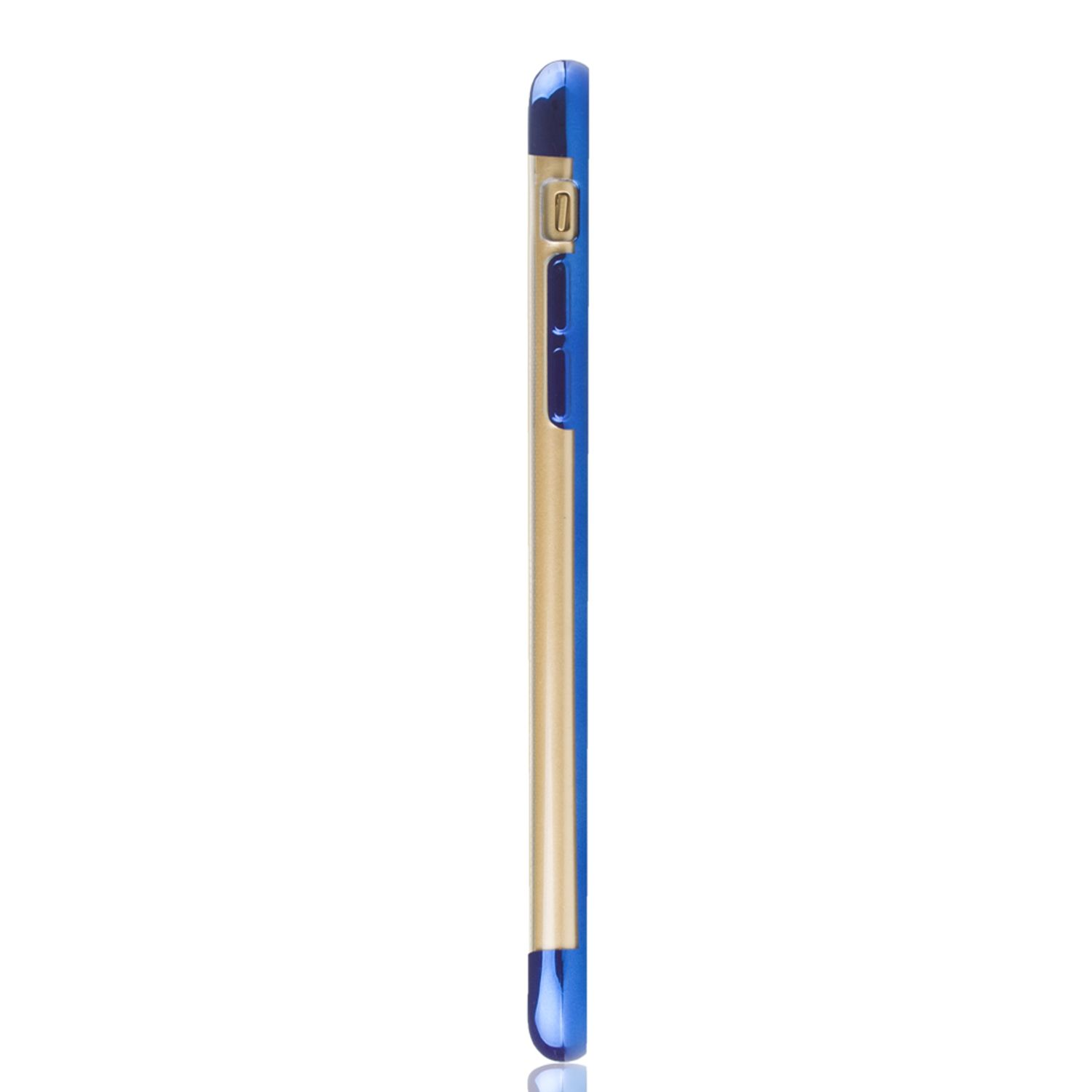 Blaue und goldene Handyhülle Seitenansicht. Die Telefonseite ist sichtbar.