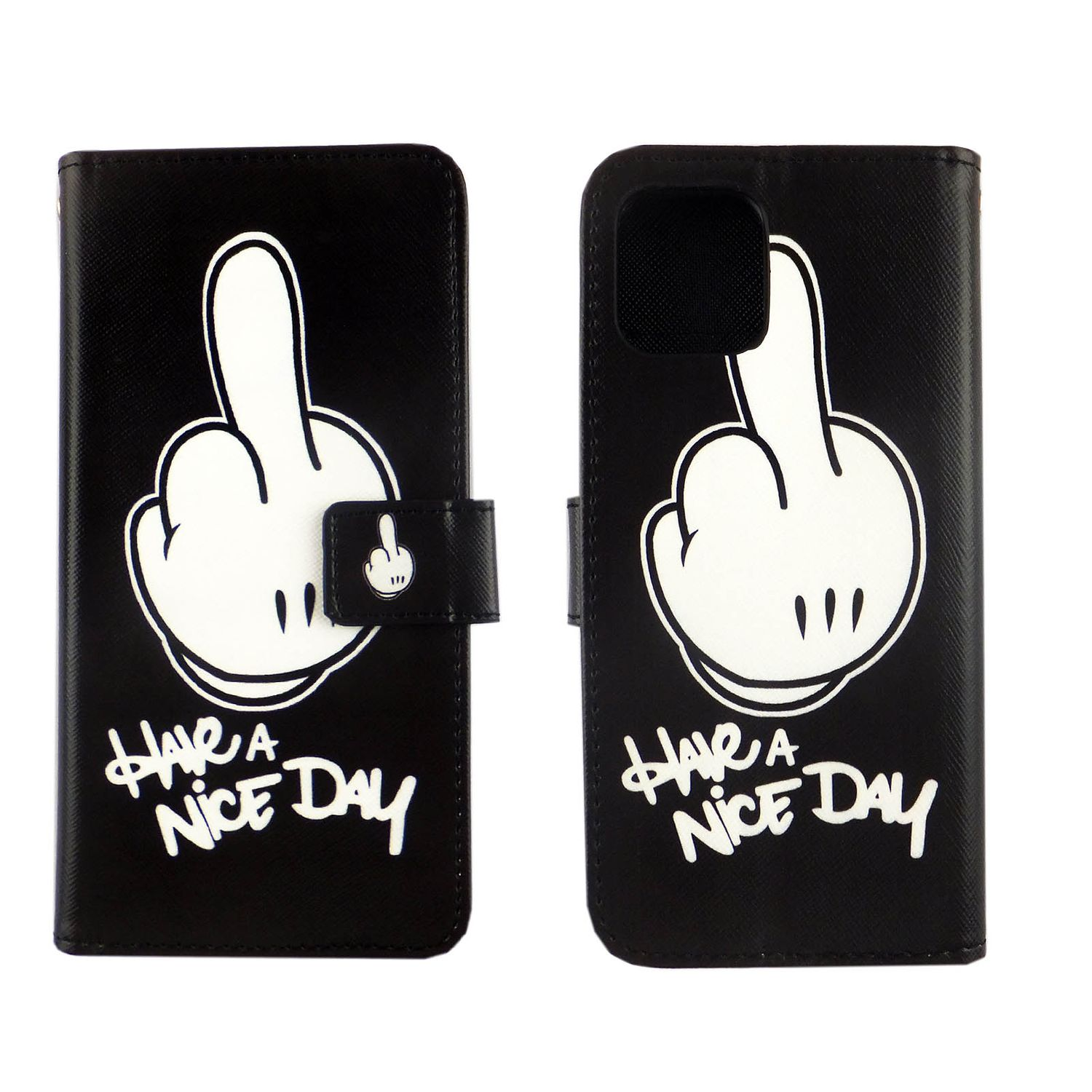 Schwarze Handyhülle mit weißem Mittelfinger-Design und den Worten 'Have a Nice Day'.