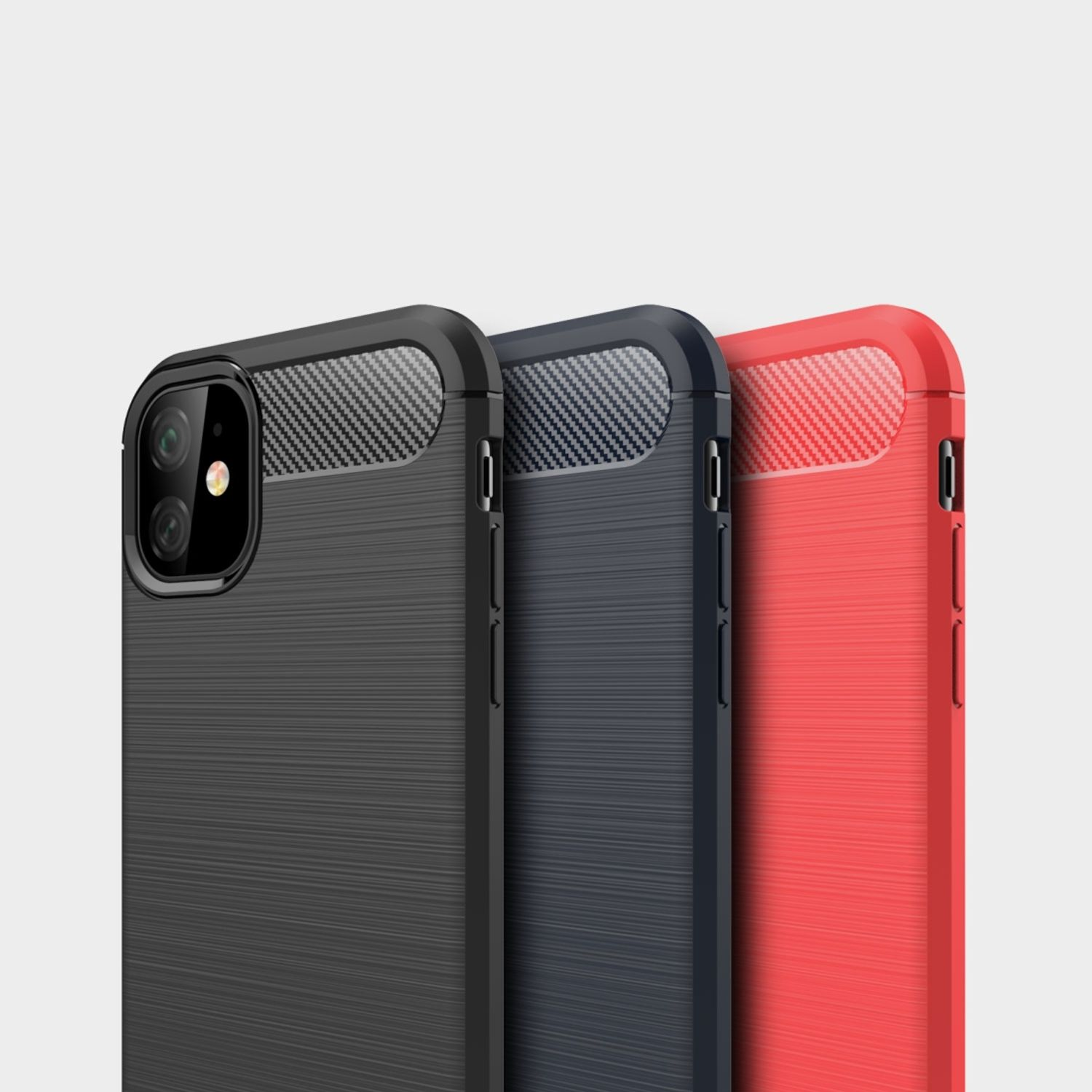 Drei Handyhüllen in Schwarz, Marineblau und Rot. Weißer Hintergrund.