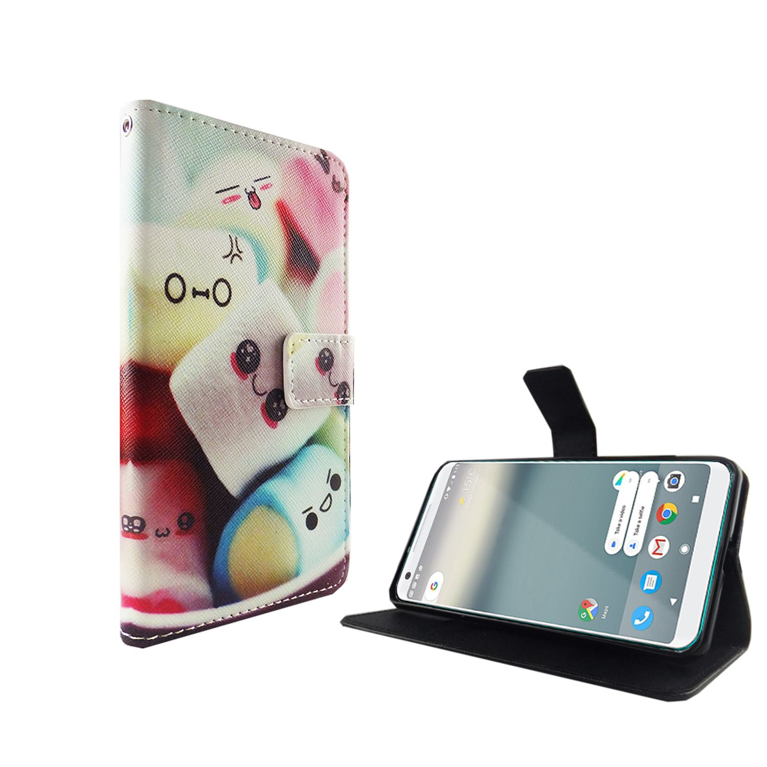 Handyhülle mit Marshmallow-Design, offen mit Telefon.