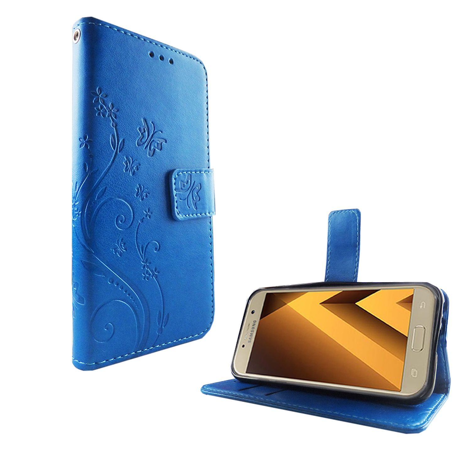 Blaue Handyhülle, offen, mit einem Telefon darin. Mit floralem Design.