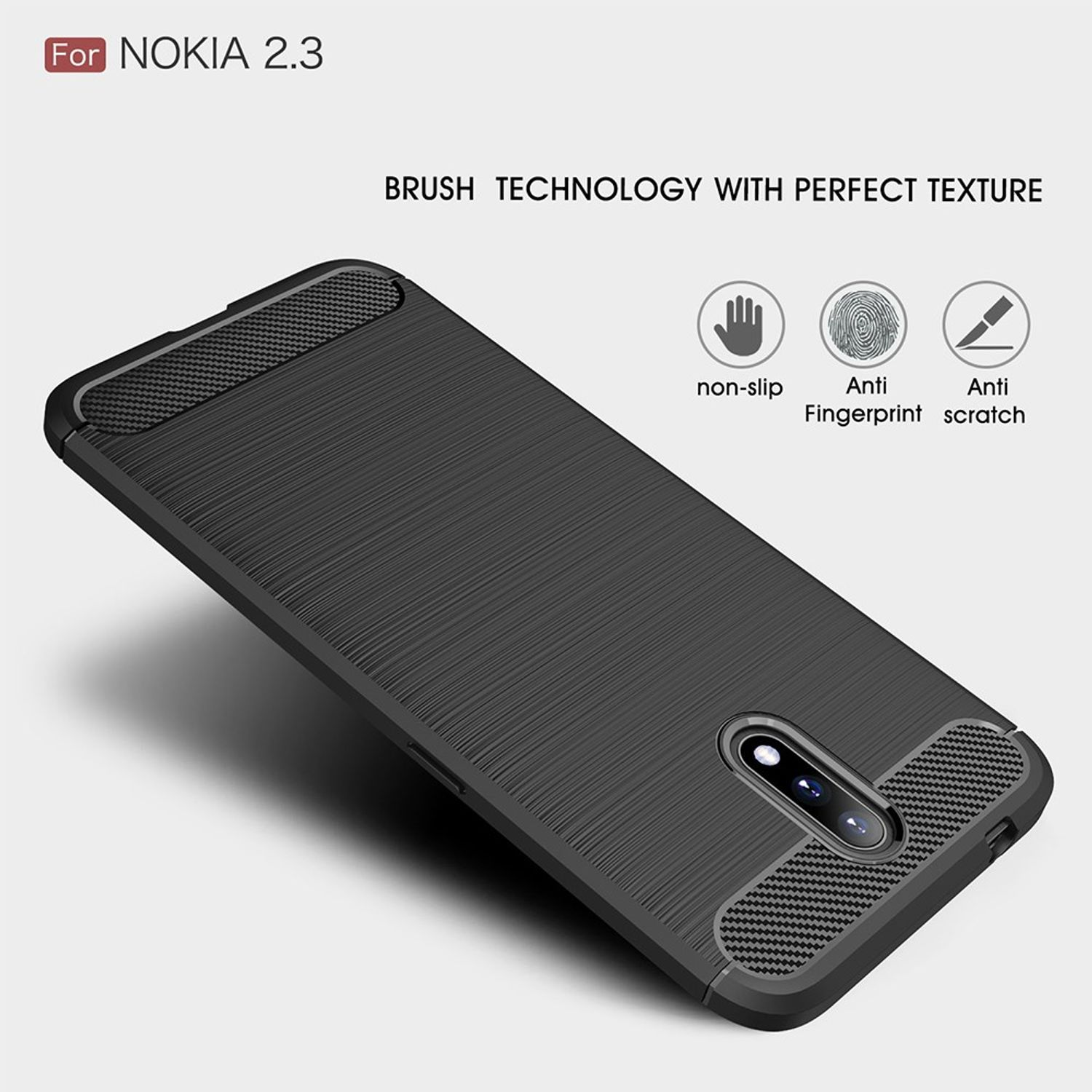 Schwarze Handyhülle für NOKIA 2.3. Die Hülle hat eine strukturierte Oberfläche mit Symbolen für rutschfest, Anti-Fingerabdruck und Anti-Kratzer.